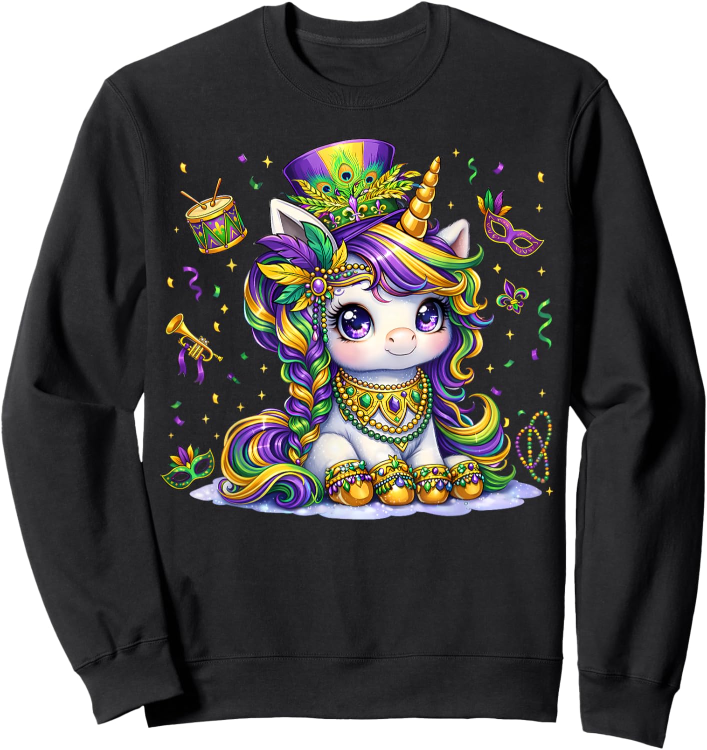 Cute Mardi Gras Princess Unicorn Bead Women Girl Kid Toddle Sweatshirt - Sweatshirt | Black