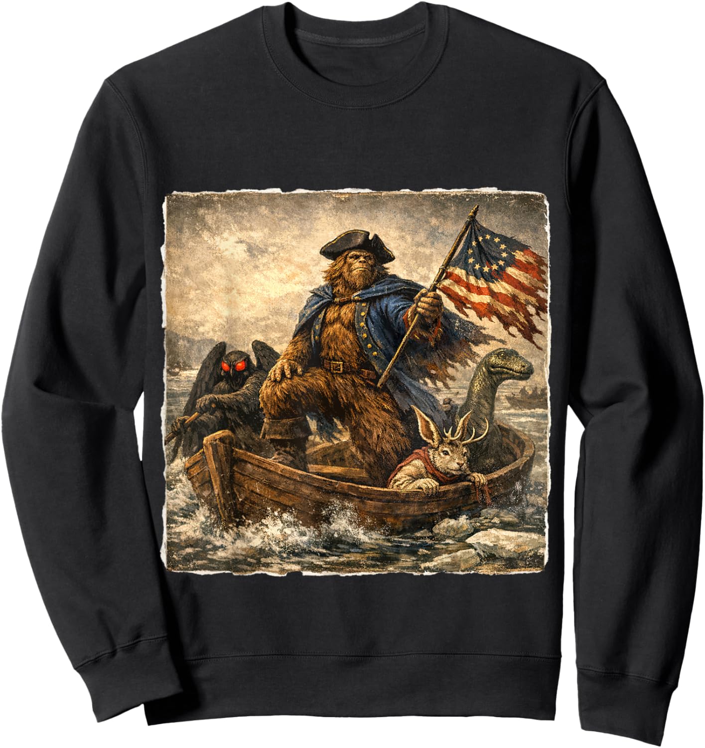 Bigfoot Crossing The Delaware Patriotic Funny 4th of July Sweatshirt - Sweatshirt | Black
