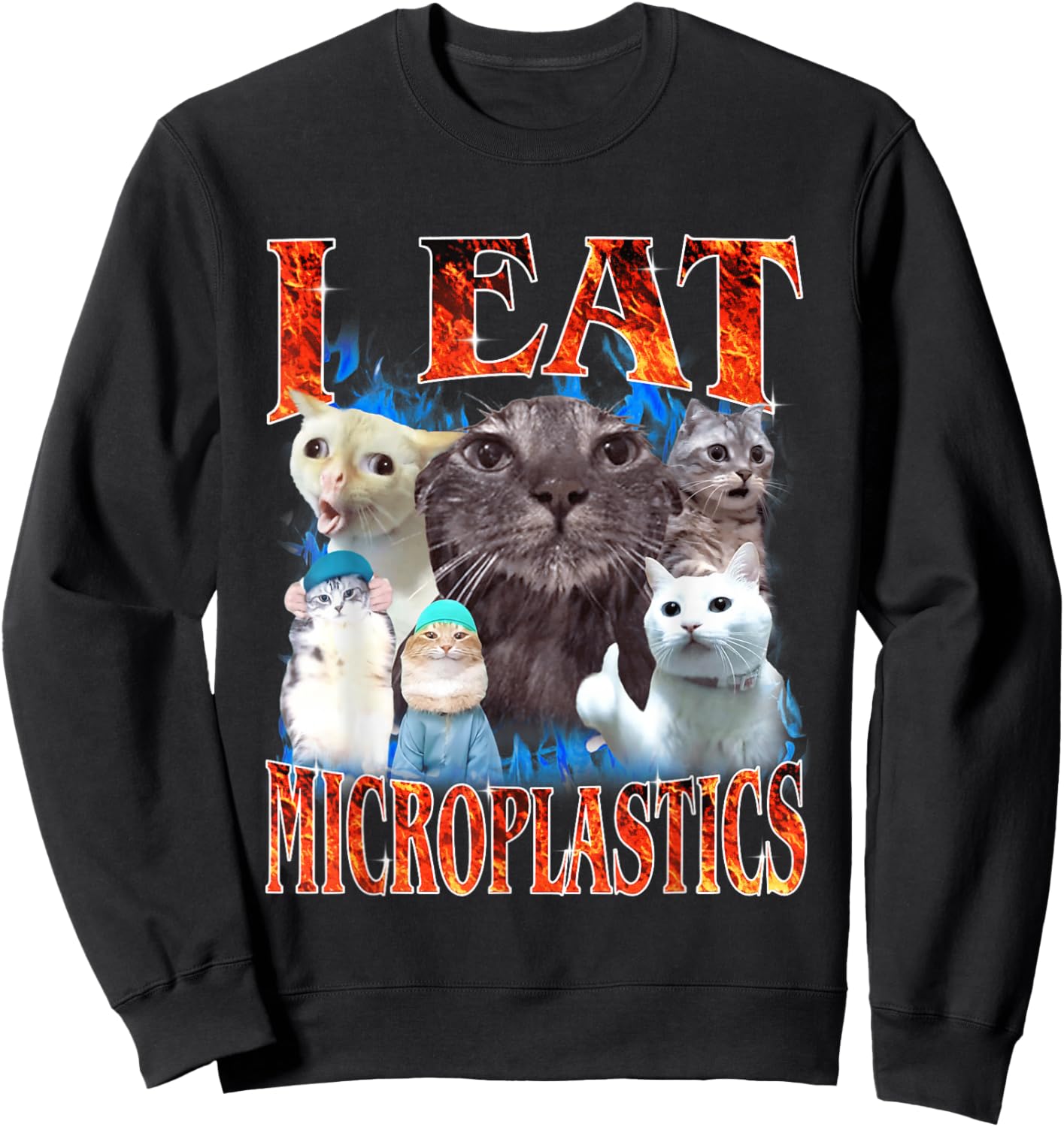 I Eat Microplastics Funny Cat Meme Y2K Bootleg Graphic Sweatshirt - Sweatshirt | Black