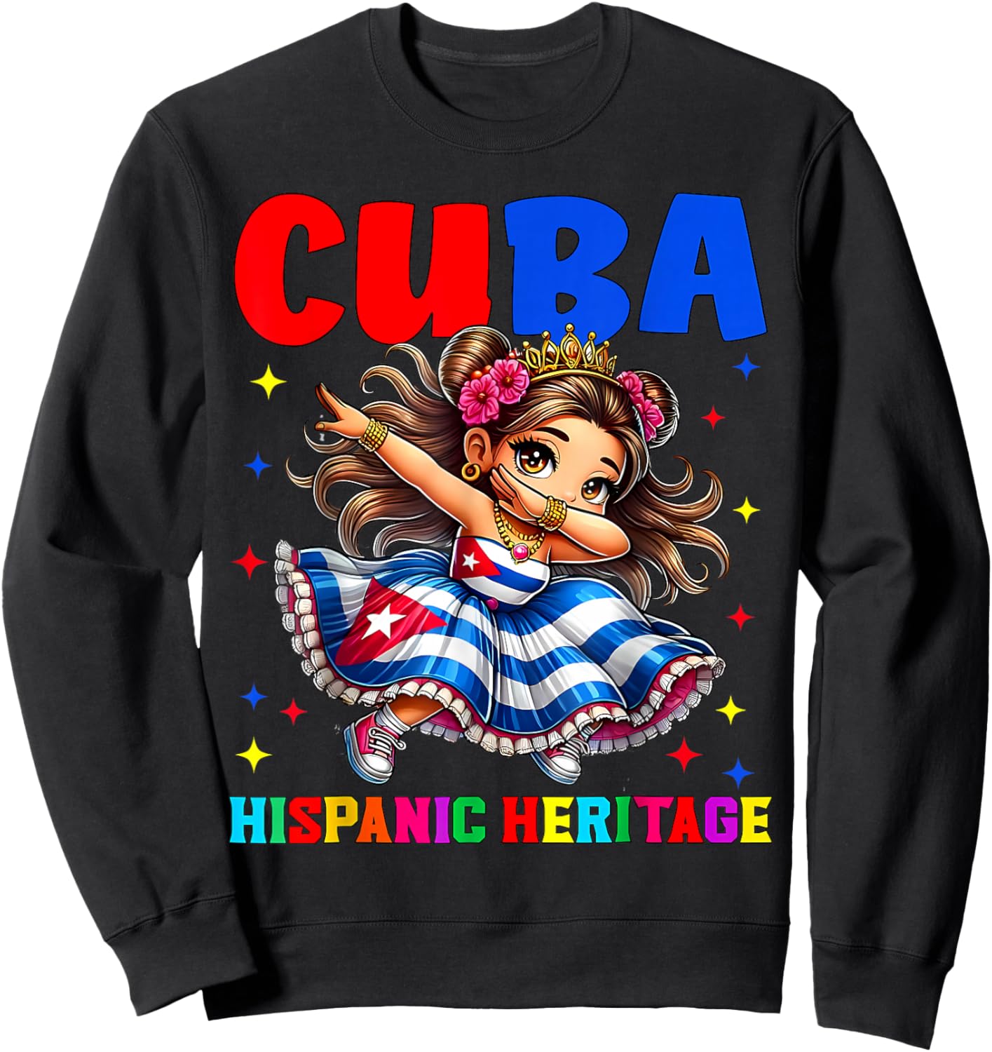 Hispanic Heritage Month Cuban Flag Cuba Dabbing Girls Kids Sweatshirt - Sweatshirt | Black
