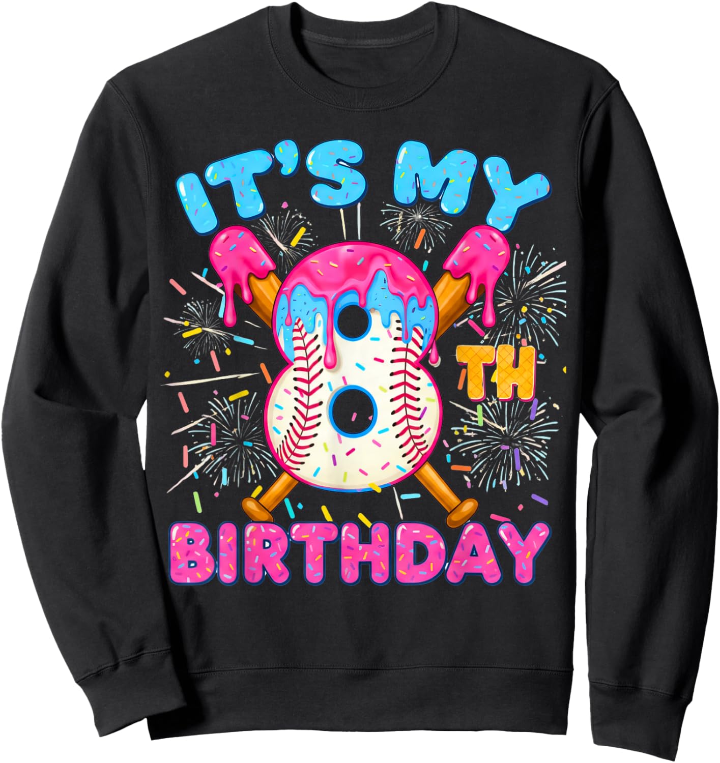 8th Birthday Baseball 8 Year Old Ice Cream Drip Boy Baseball Sweatshirt - Sweatshirt | Black