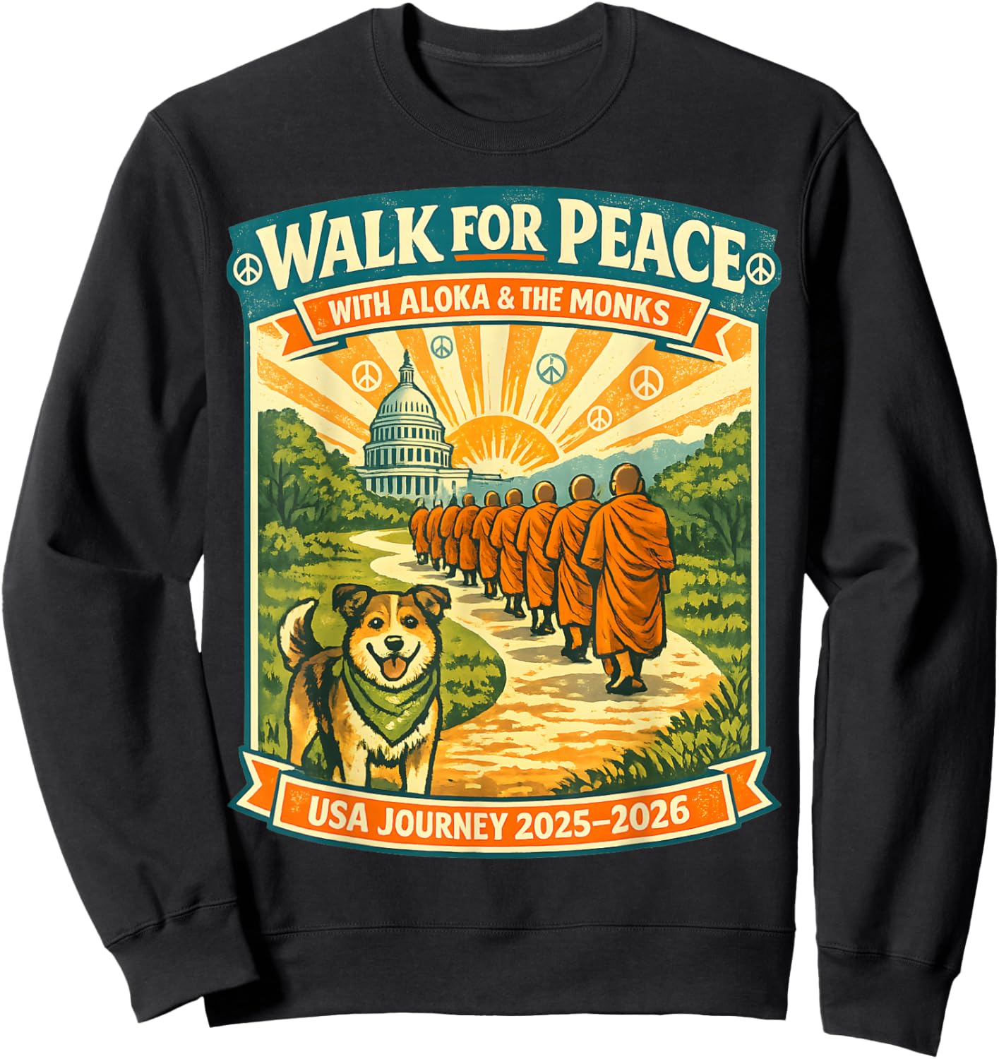 Walk for Peace Monks Dog USA Journey 2025-2026 Vintage Zen Sweatshirt - Sweatshirt | Black