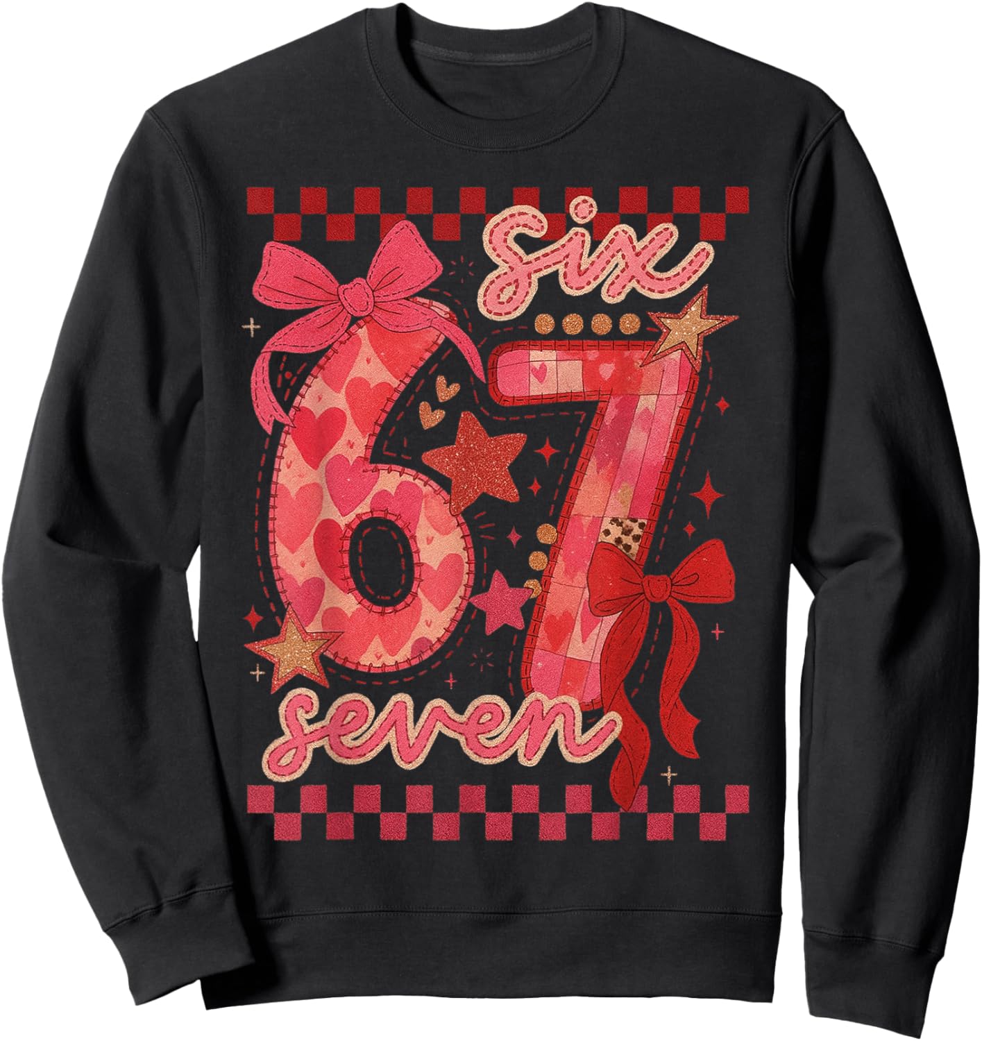 Six Seven Valentine 6 7 Meme Checkered Coquette Bow Sweatshirt - Sweatshirt | Black