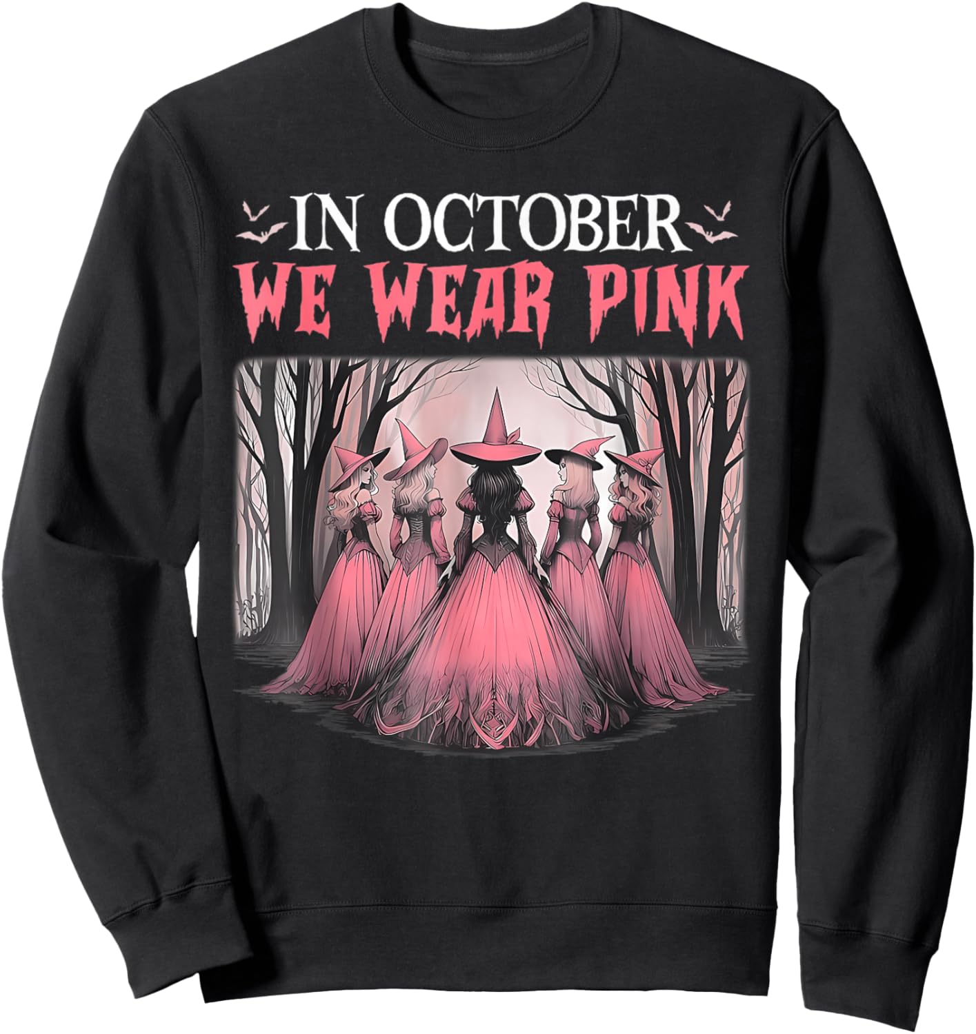 Retro in October We Wear Pink Witch Breast Cancer Awareness Sweatshirt - Sweatshirt | Black