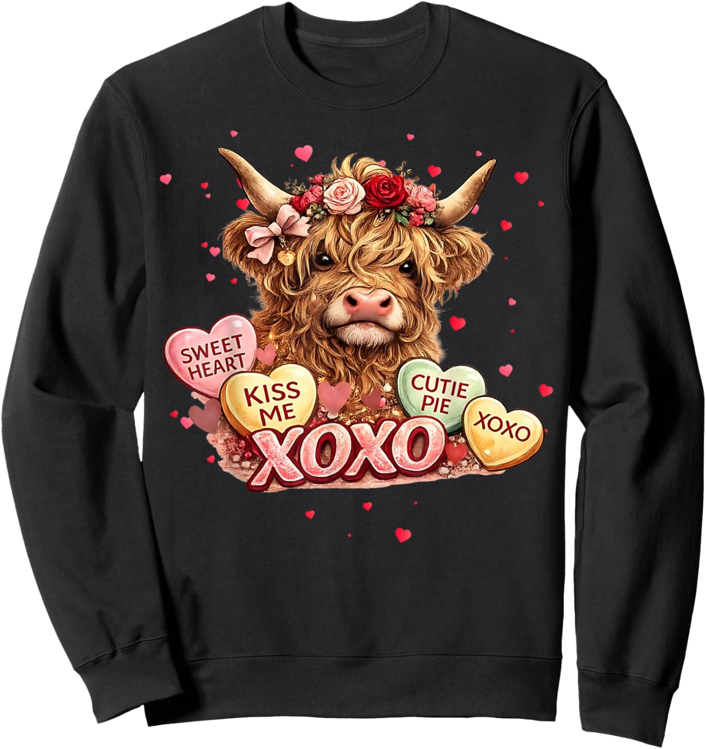 Cute Western Valentine Highland Cows with Hearts Sweatshirt - Sweatshirt | Black