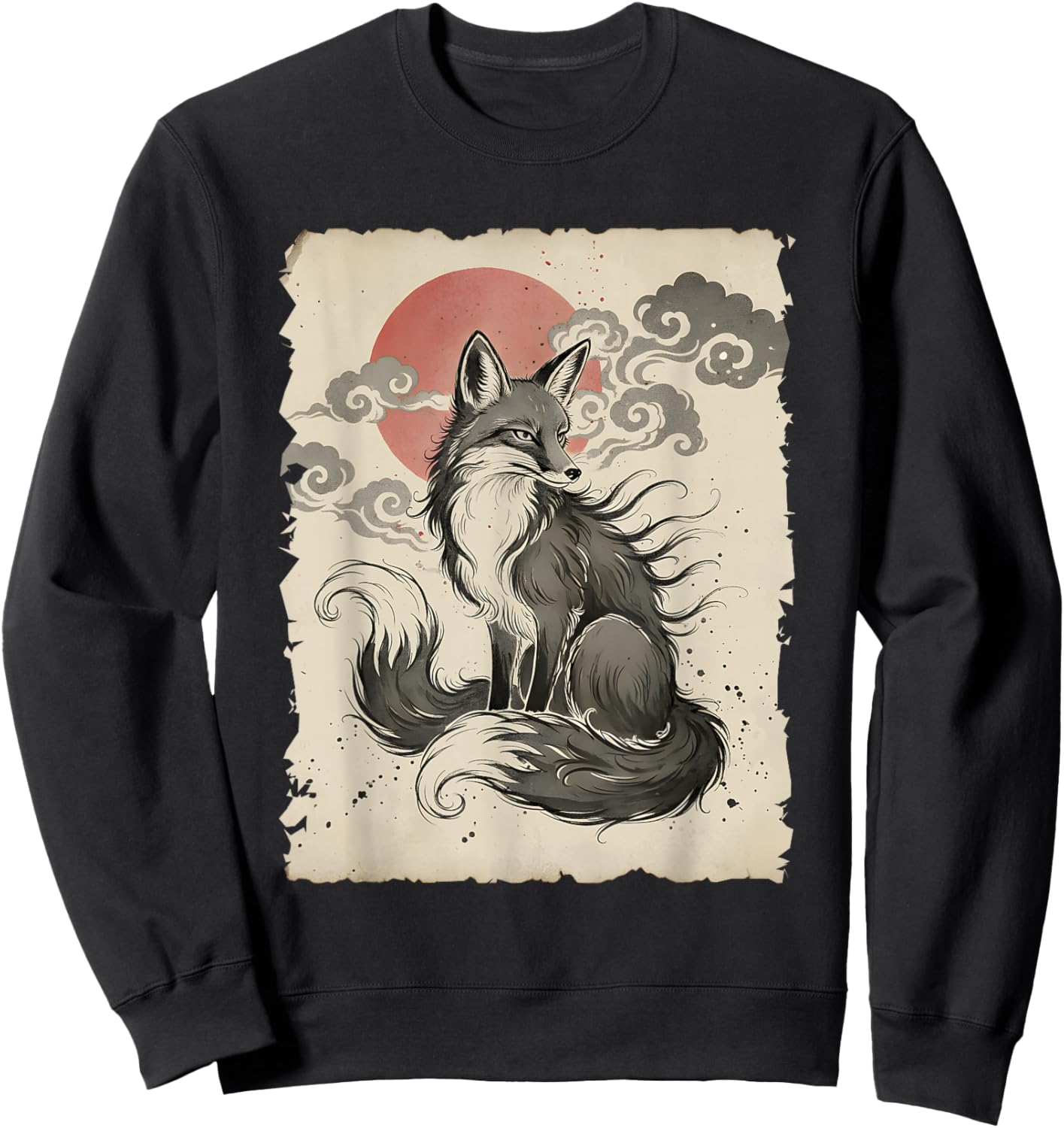 Fox Japanese Art Anime Style Kitsune Minimal Traditional Fox Sweatshirt - Sweatshirt | Black