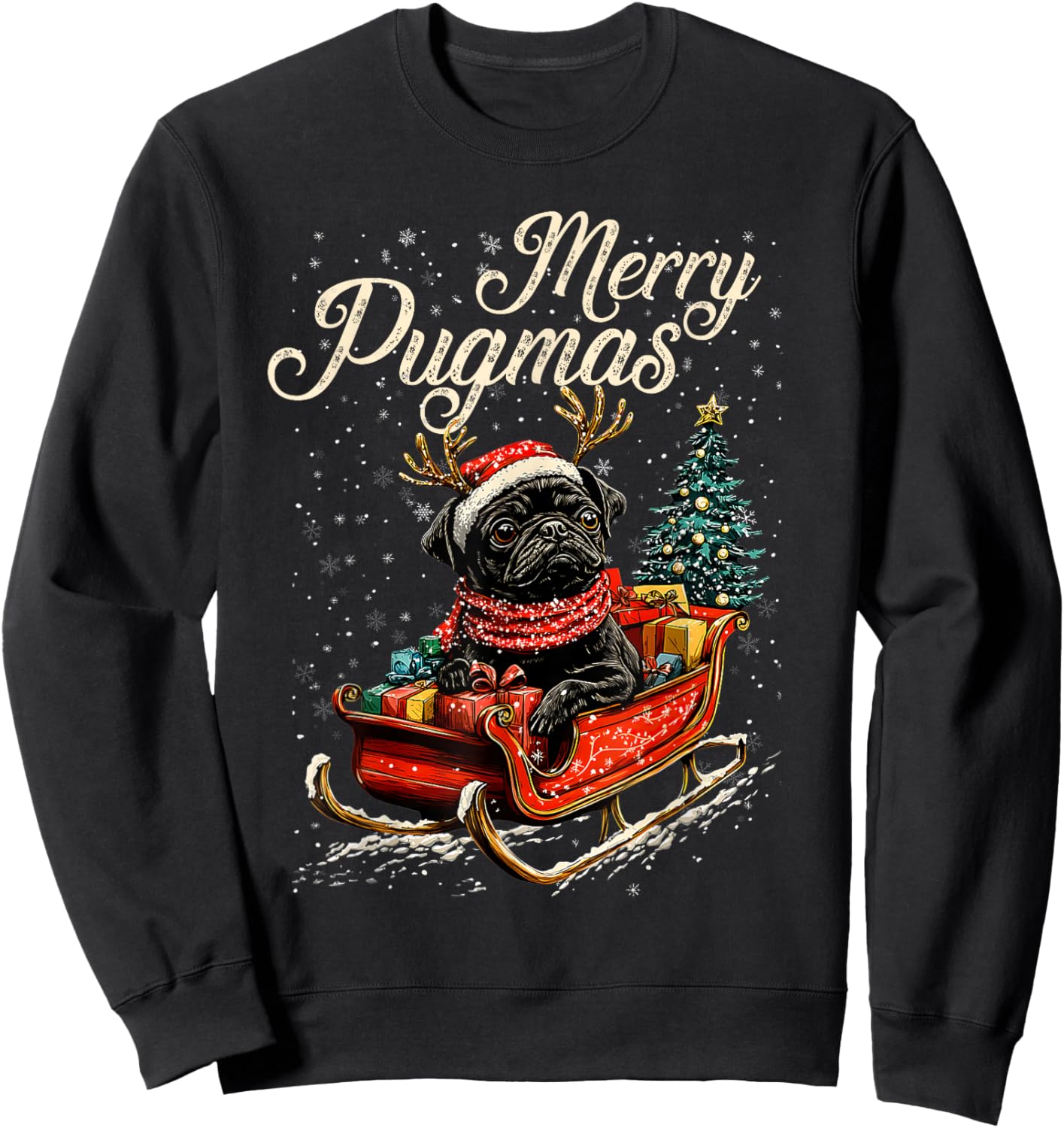 Merry Pugmas Christmas Santa Black Pug Reindeer Light Sweatshirt - Sweatshirt | Black