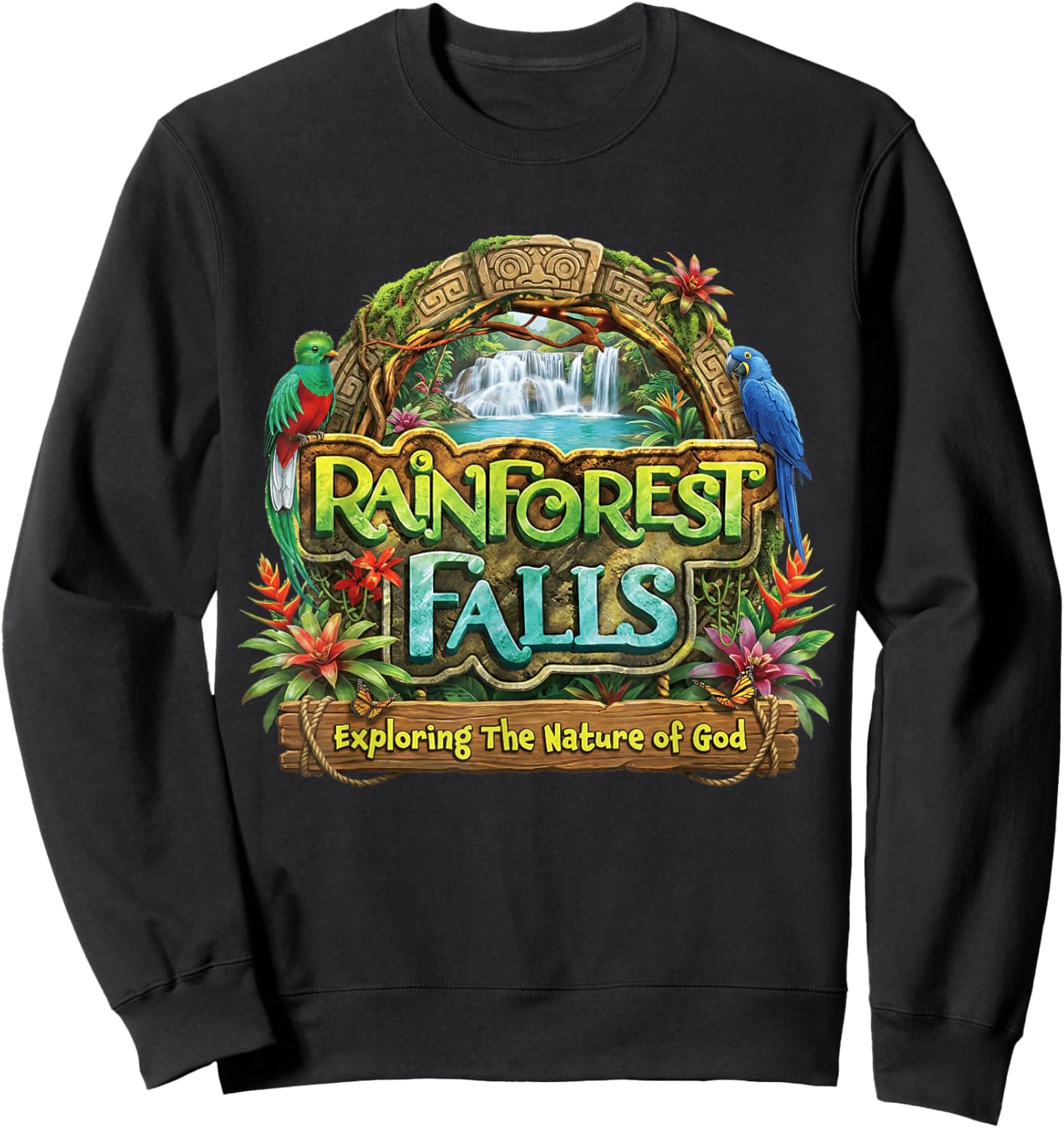Funny VBS 2026 Rainforest Falls Exploring The Nature of God Sweatshirt - Sweatshirt | Black