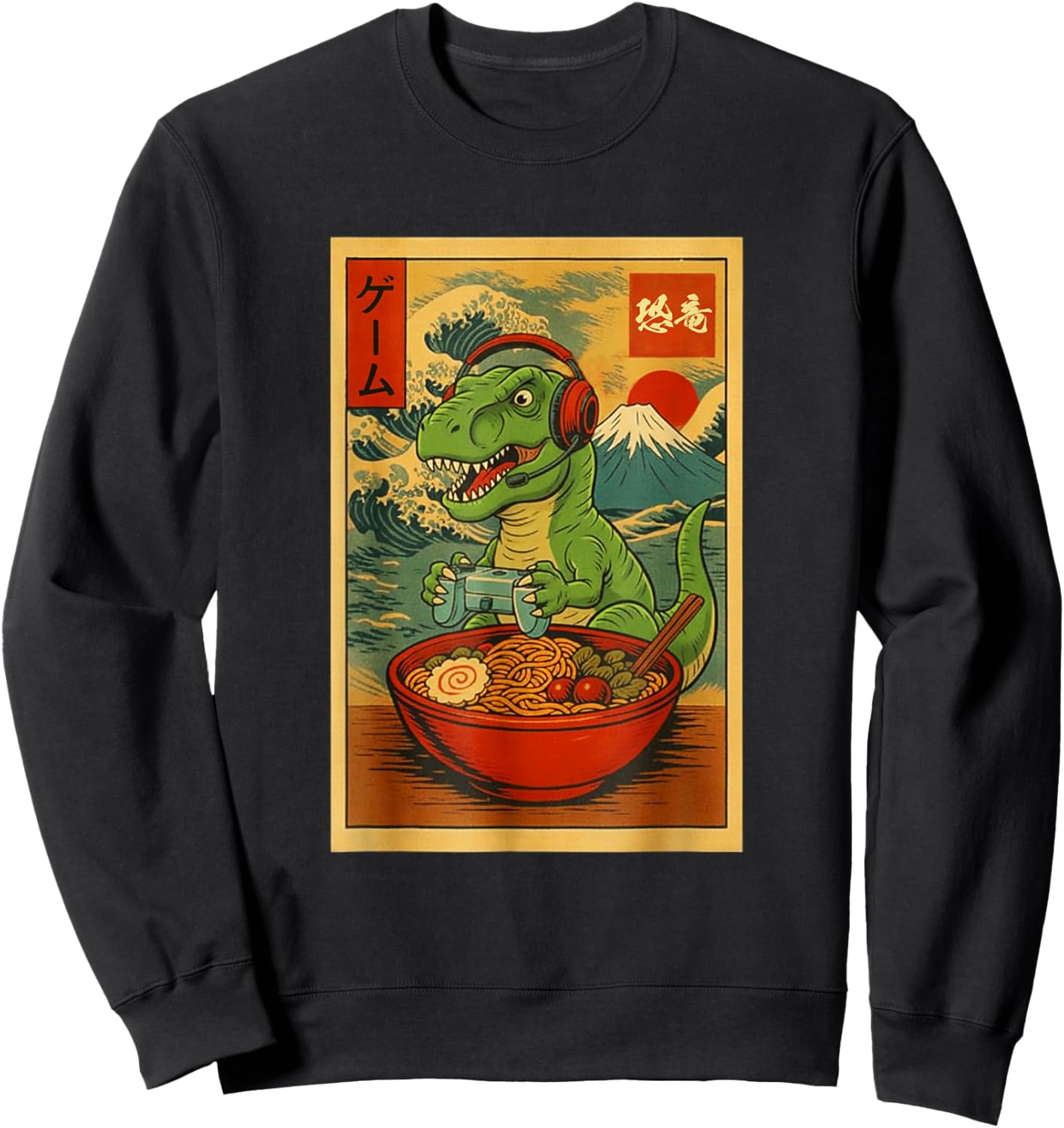 T-Rex Dinosaur Gaming Ramen Japanese Ukiyo-e Great Wave Sweatshirt - Sweatshirt | Black