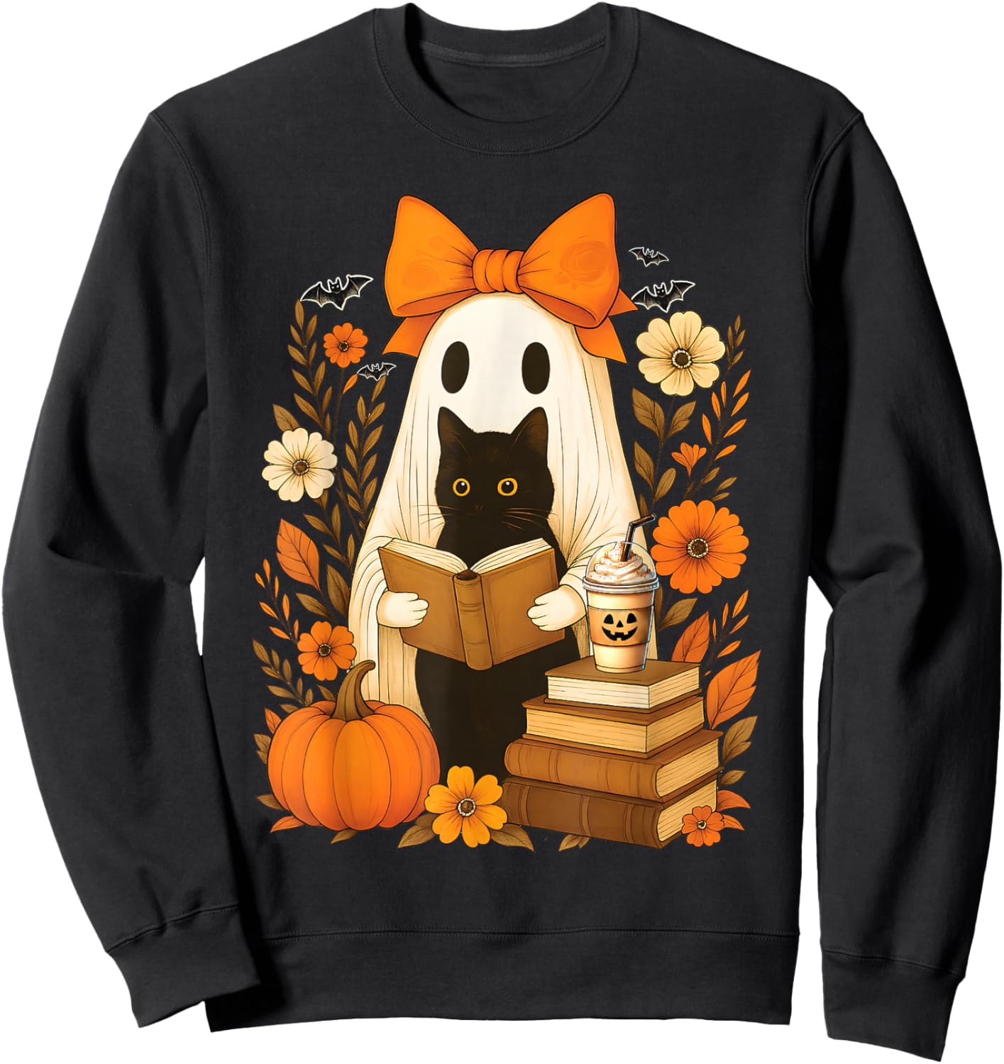 Groovy Floral Vintage Halloween Ghost Reading Book Cat Lover Sweatshirt - Sweatshirt | Black