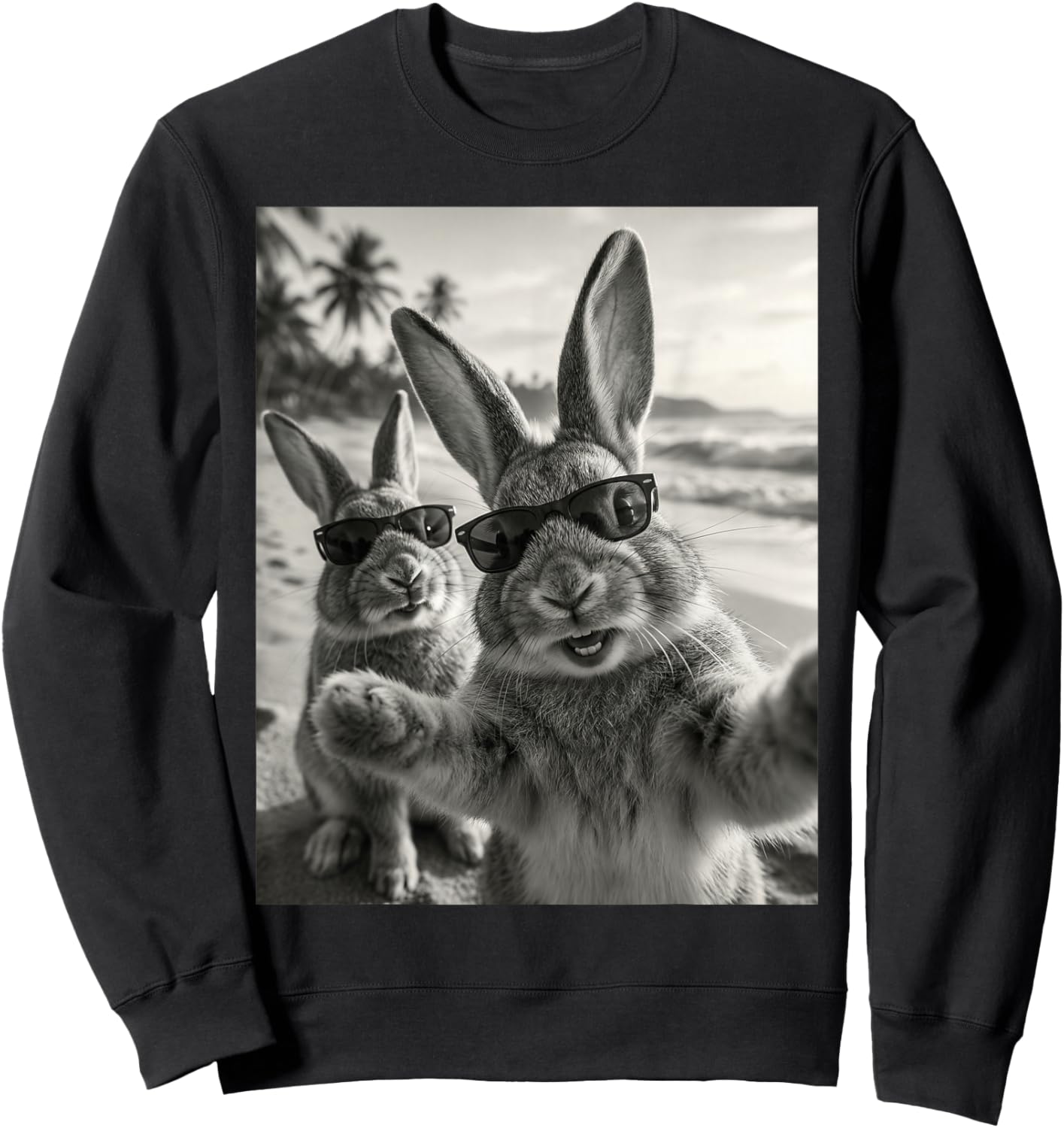 Cool Bunny Selfie At The Beach, Cute Bunnies Sweatshirt - Sweatshirt | Black