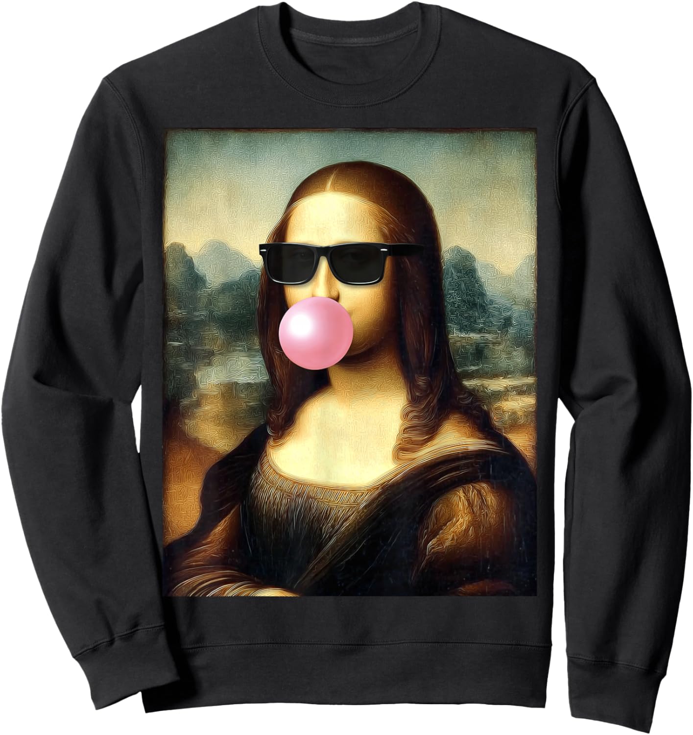 Funny Mona Lisa Pink Bubble Gum Portrait Painting Sunglasses Sweatshirt - Sweatshirt | Black