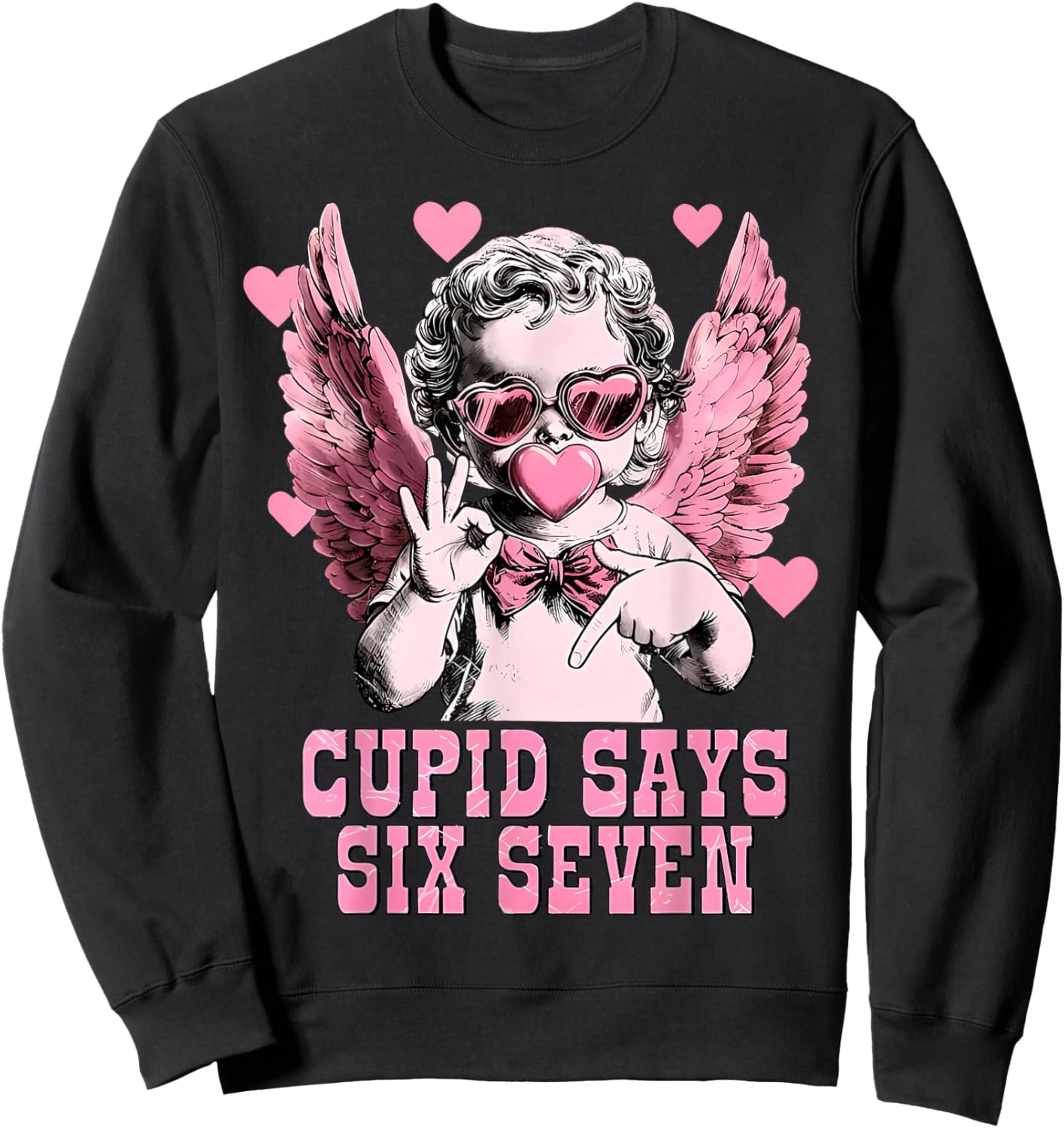 Retro Cupid Says Six Seven Hands Sign Blowing Bubble Hearts Sweatshirt - Sweatshirt | Black