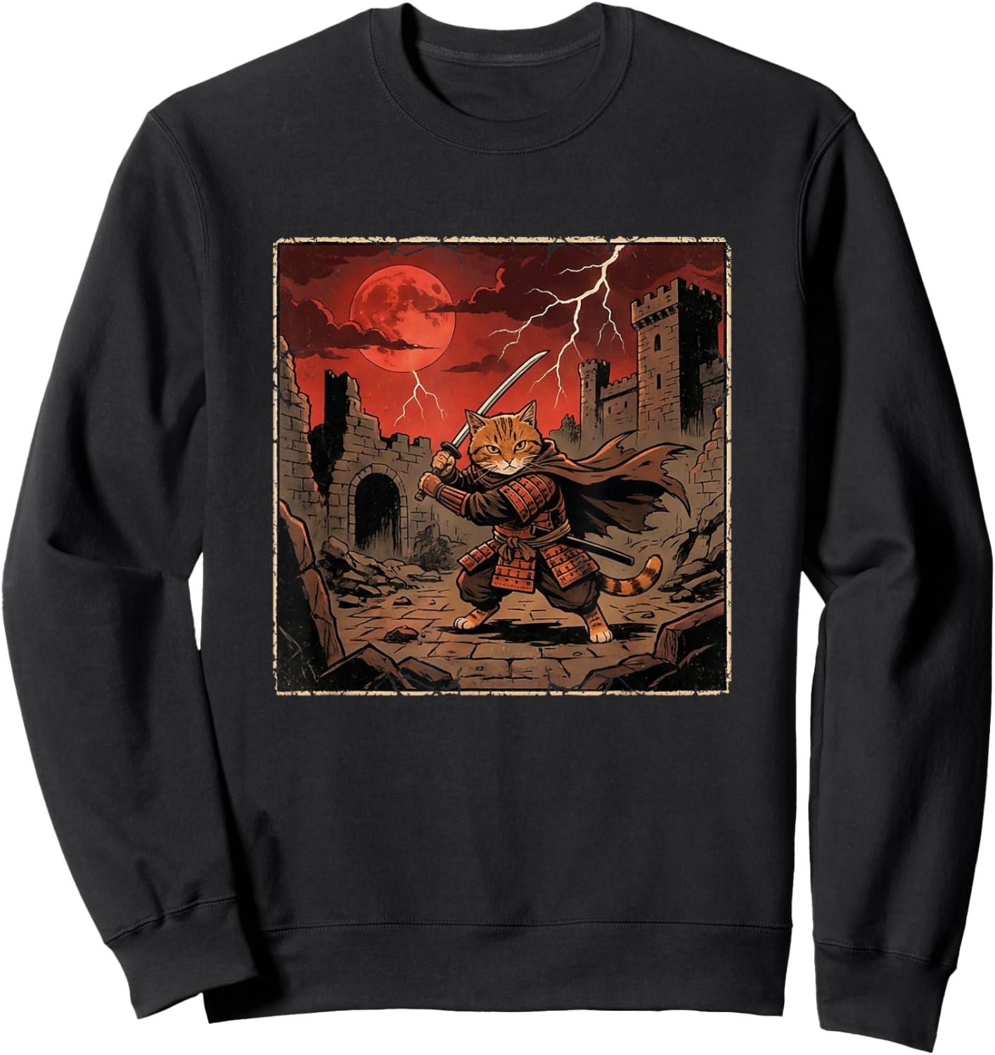 Japanese Vintage Warrior Samurai Orange Tabby Cat Sweatshirt - Sweatshirt | Black