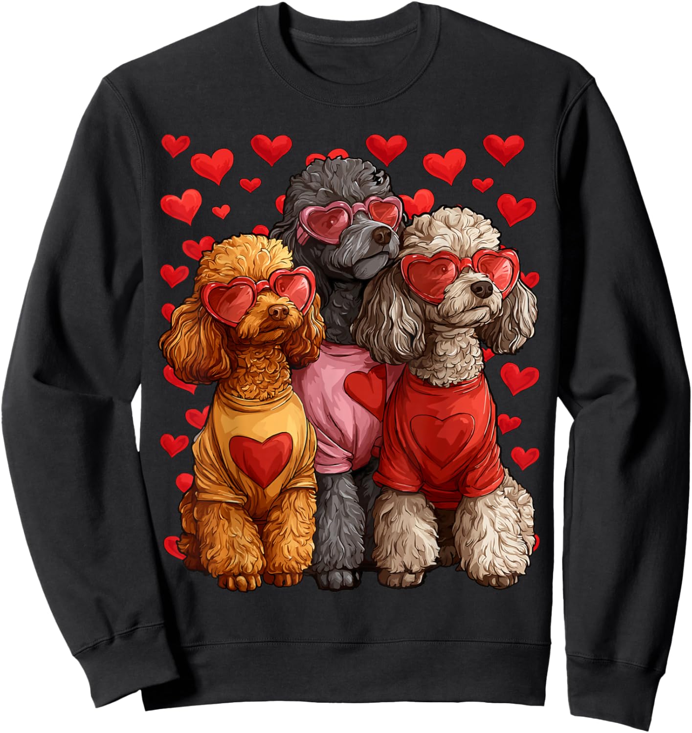 Cute Poodles Dogs with Hearts Sunglasses Valentines Day Love Sweatshirt - Sweatshirt | Black
