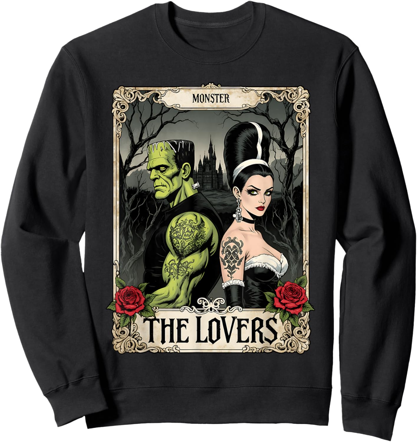 Frankenstein Couple Tarot Gothic Lovers Halloween Party Sweatshirt - Sweatshirt | Black