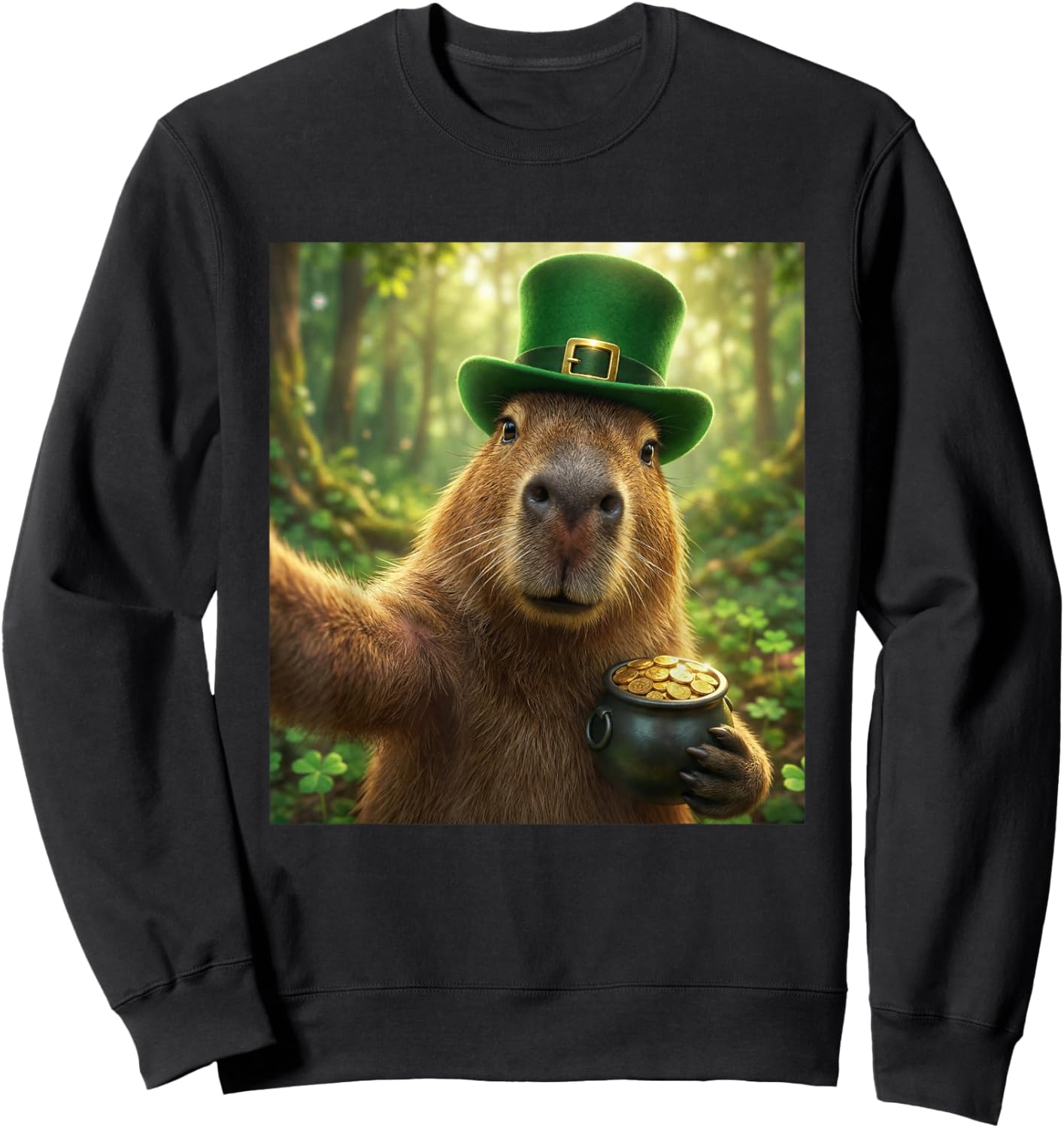 Funny Capybara Selfie with Leprechaun Hat St. Patricks Day Sweatshirt - Sweatshirt | Black
