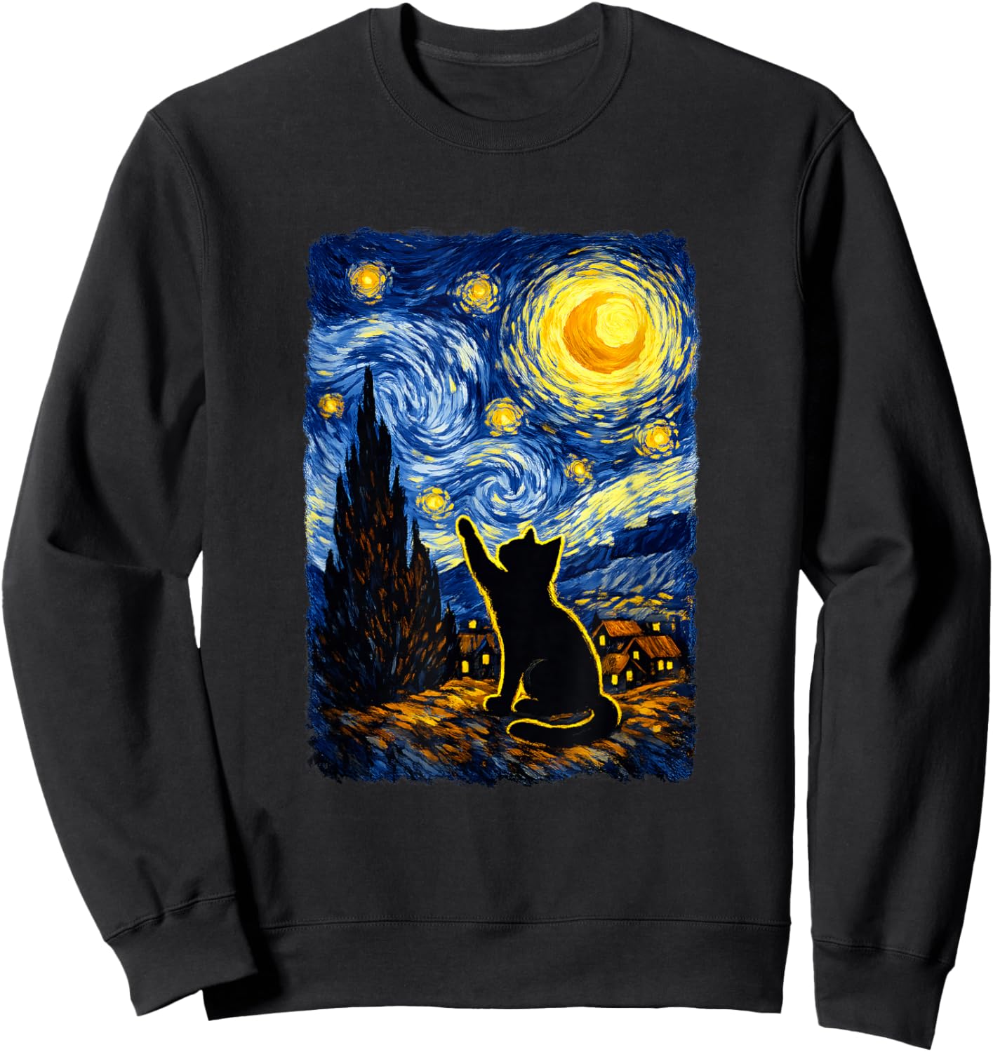 Starry Night Cat Art PostImpressionist Sweatshirt - Sweatshirt | Black