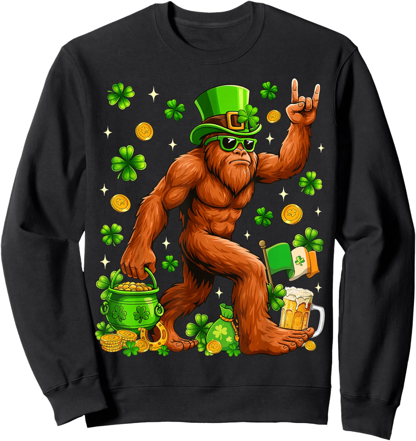 St Patricks Day Bigfoot Sasquatch Shamrock Men Women Kids Sweatshirt - Sweatshirt | Black