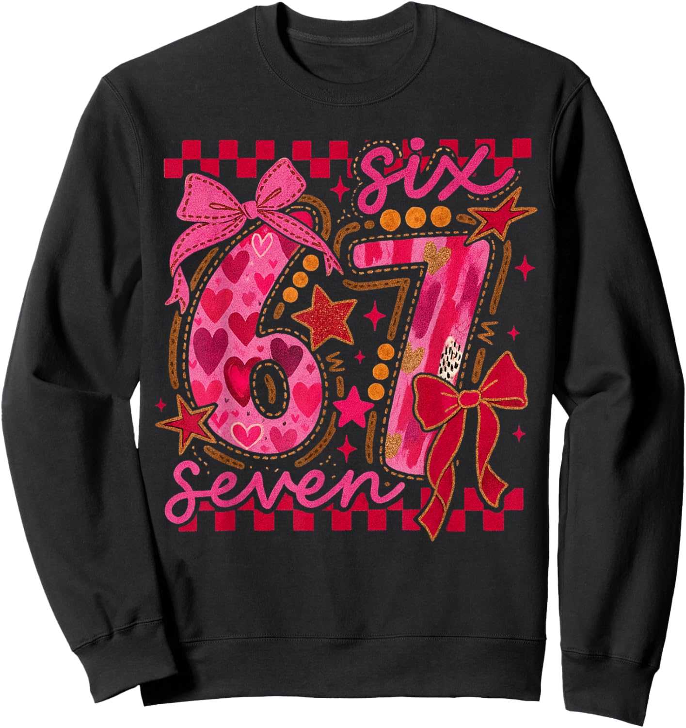 Six Seven Valentine 6 7 Meme Checkered Coquette Bow Sweatshirt - Sweatshirt | Black