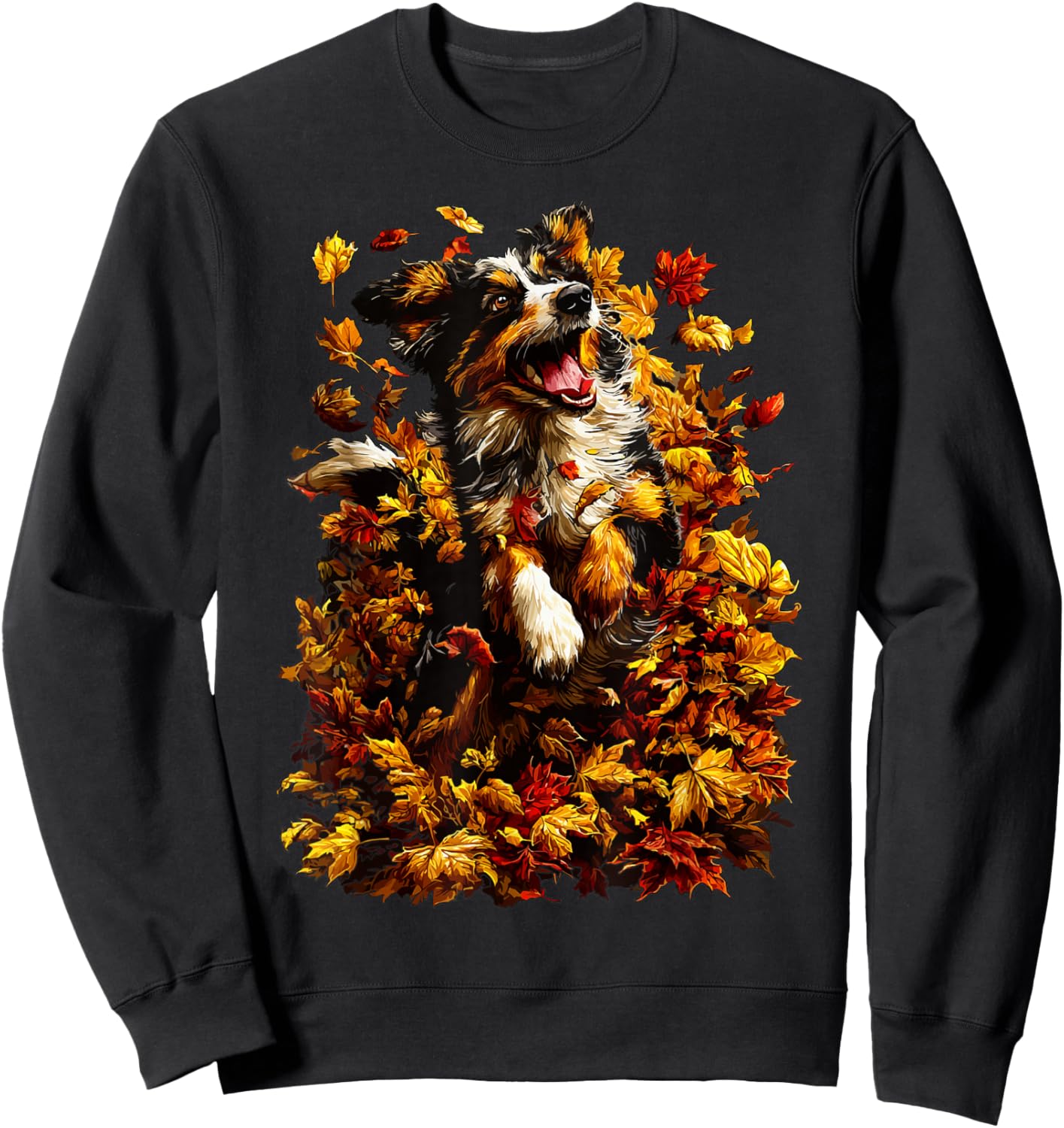 Cute Australian Shepherd with Fall Leaves Autumn Aesthetic Sweatshirt - Sweatshirt | Black