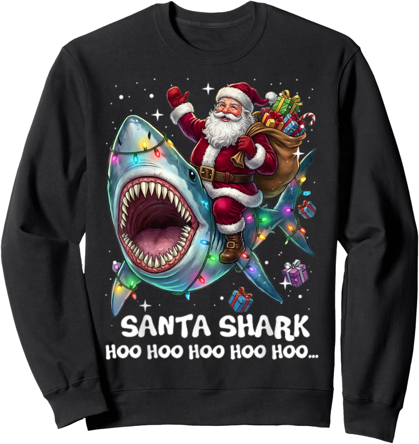 Santa Shark Ho Ho Ho Funny Christmas Lights Sharkmas Tree Sweatshirt - Sweatshirt | Black