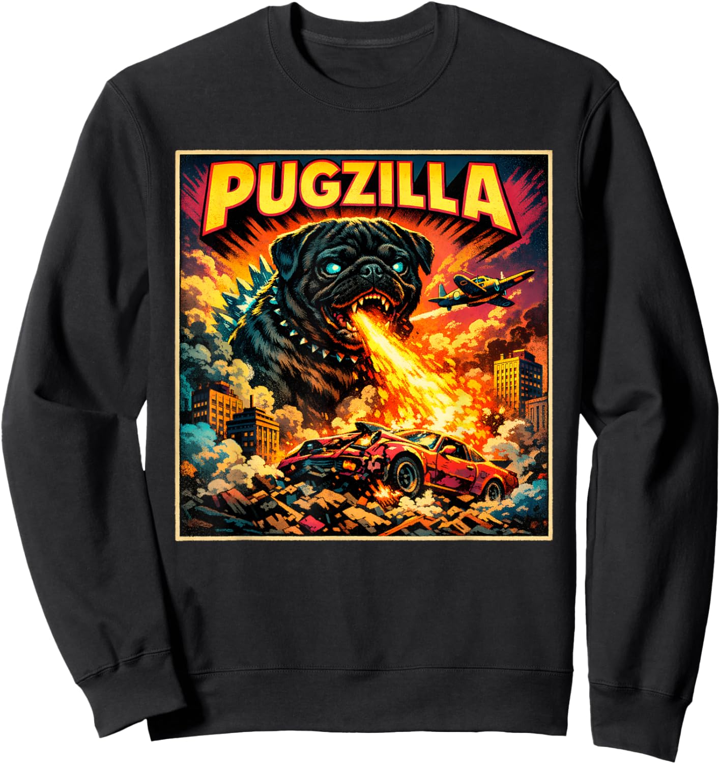 Retro Pugzilla Cute Pug Funny Youth Life from Dad Mom Meme Sweatshirt - Sweatshirt | Black