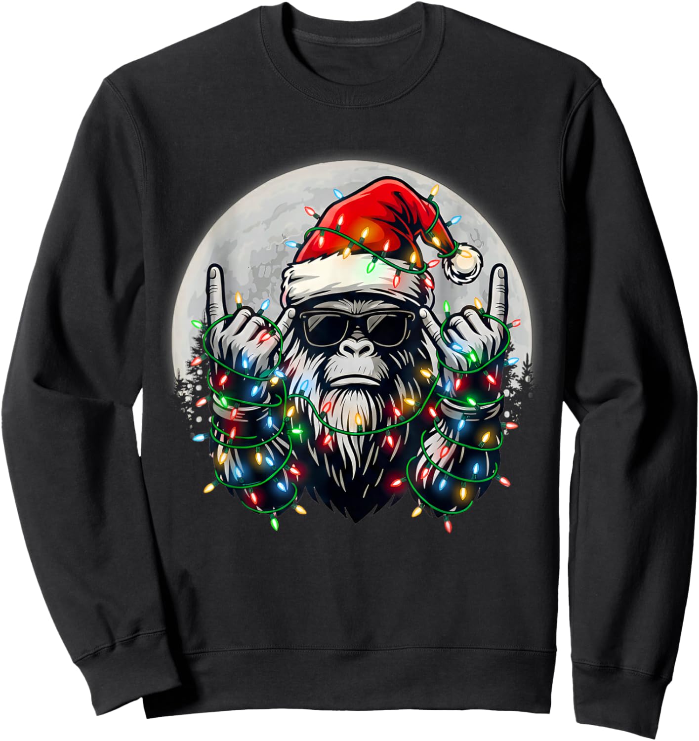 Santa Bigfoot Christmas Tree Xmas Lights Funny Sasquatch Sweatshirt - Sweatshirt | Black