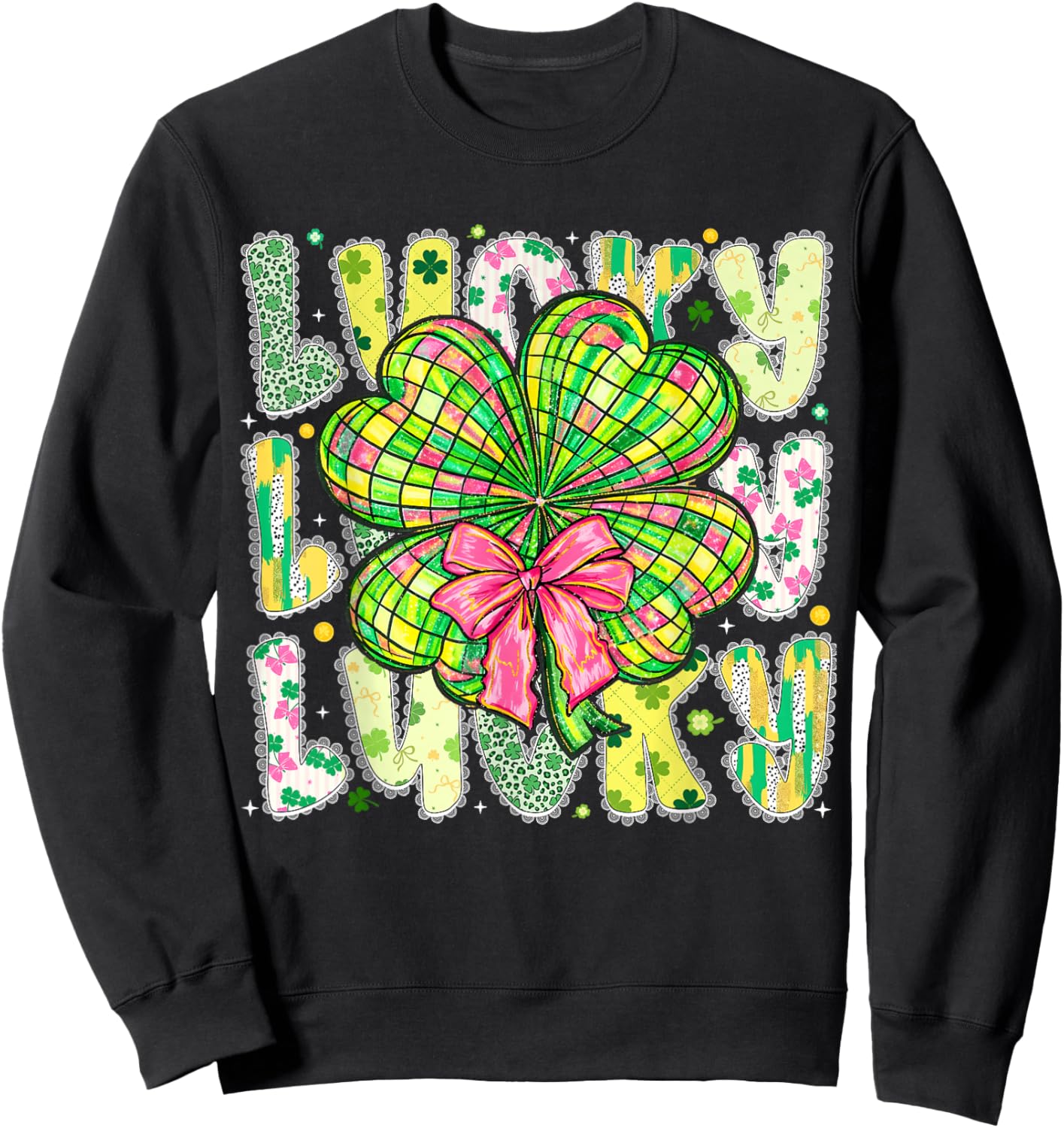 Lucky St Patricks Day Clover Coquette Bow Girl Women Kid Sweatshirt - Sweatshirt | Black