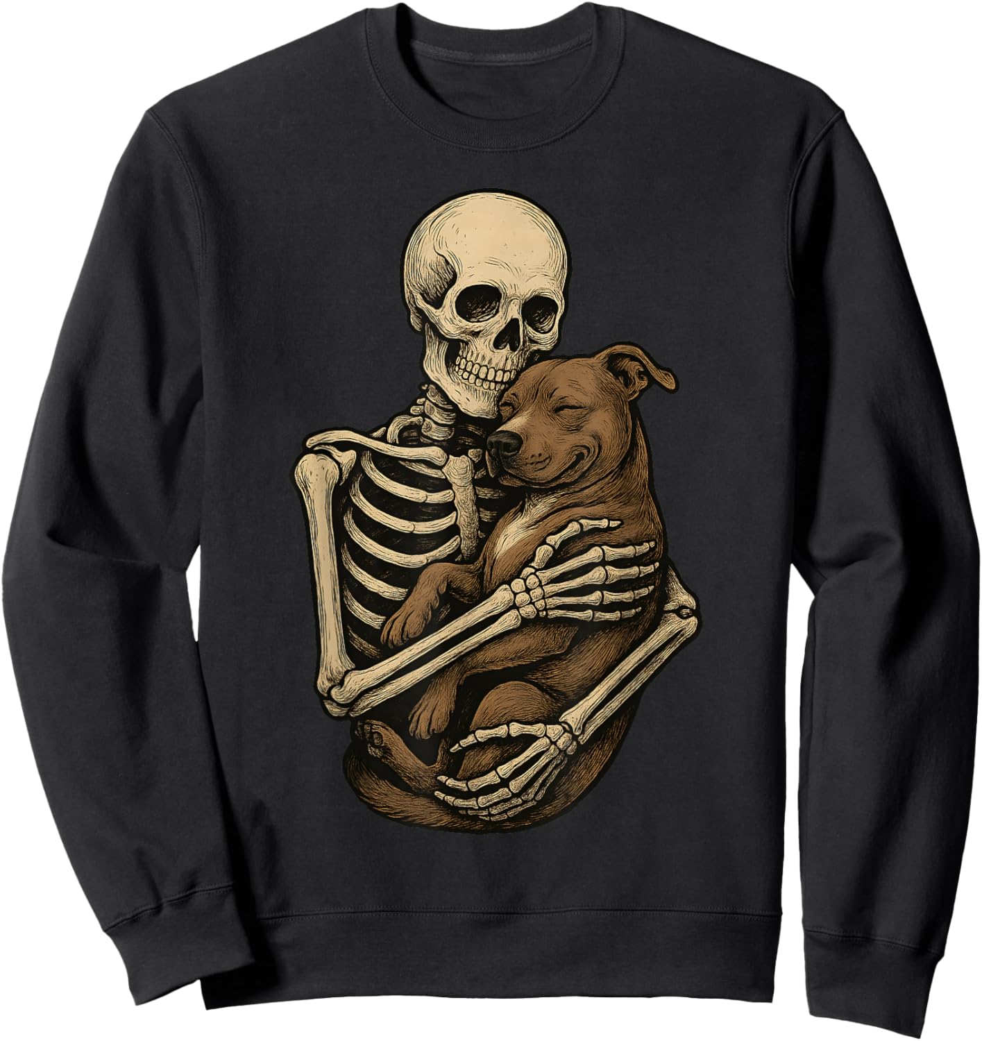 Skeleton Hugging Pittie Dog Pit Bull Funny Halloween Sweatshirt - Sweatshirt | Black