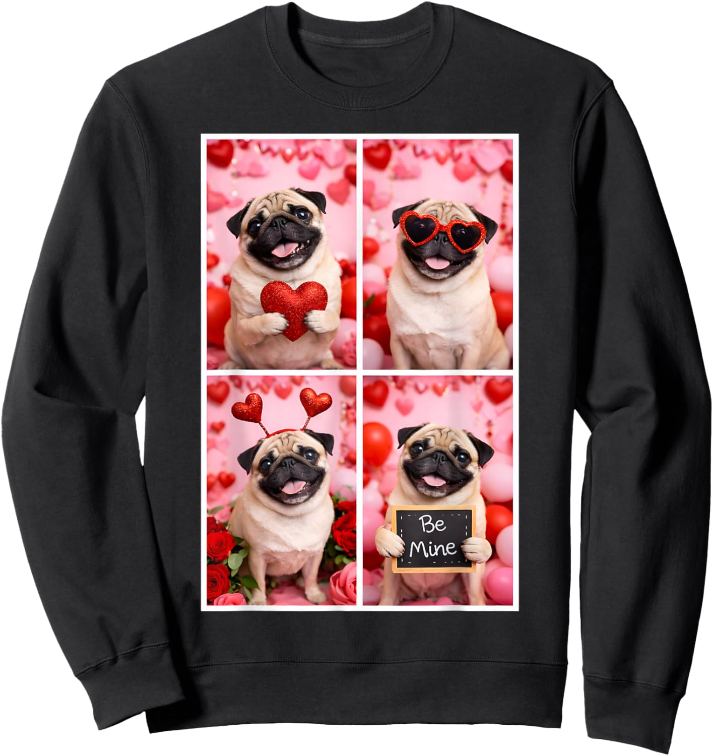 Photobooth Pug Valentines Day Dog Love Sweatshirt - Sweatshirt | Black