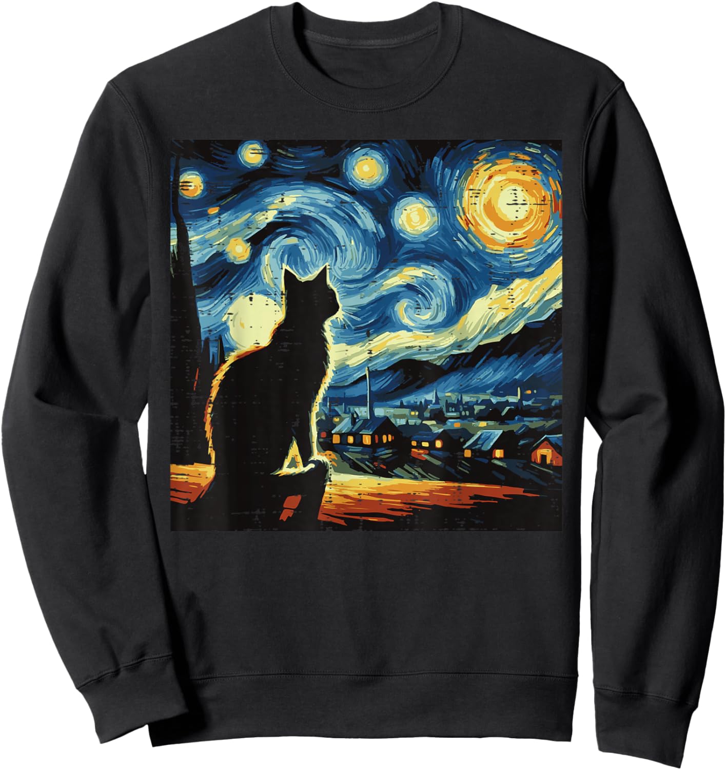 Cat Starry Night Van Gogh Kitty Painting Art Women Men Kids Sweatshirt - Sweatshirt | Black