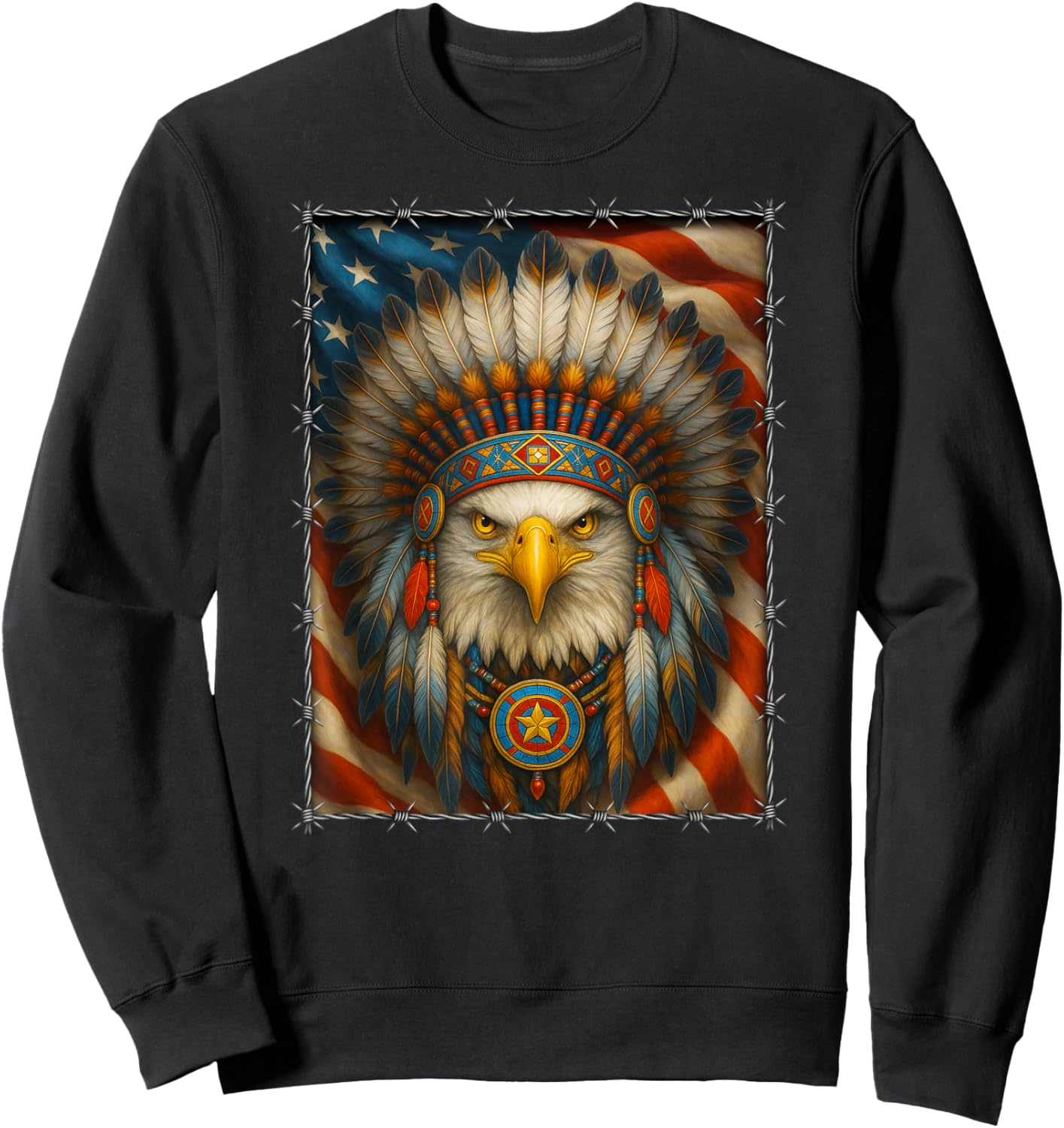 Native American - Indian Headdress Eagle - Navajo USA Flag Sweatshirt - Sweatshirt | Black