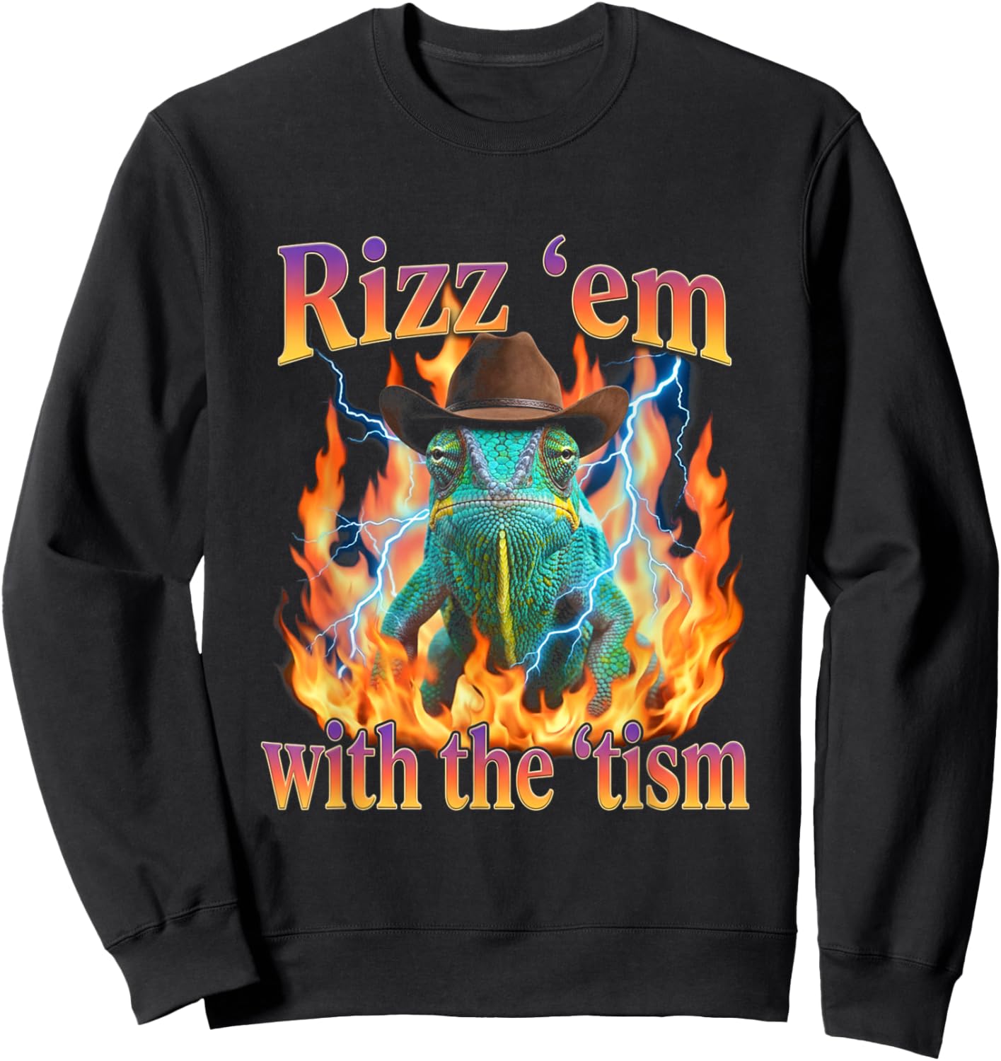 Rizz Em with The Tism Cowboy Chameleon Y2K Bootleg Sweatshirt - Sweatshirt | Black
