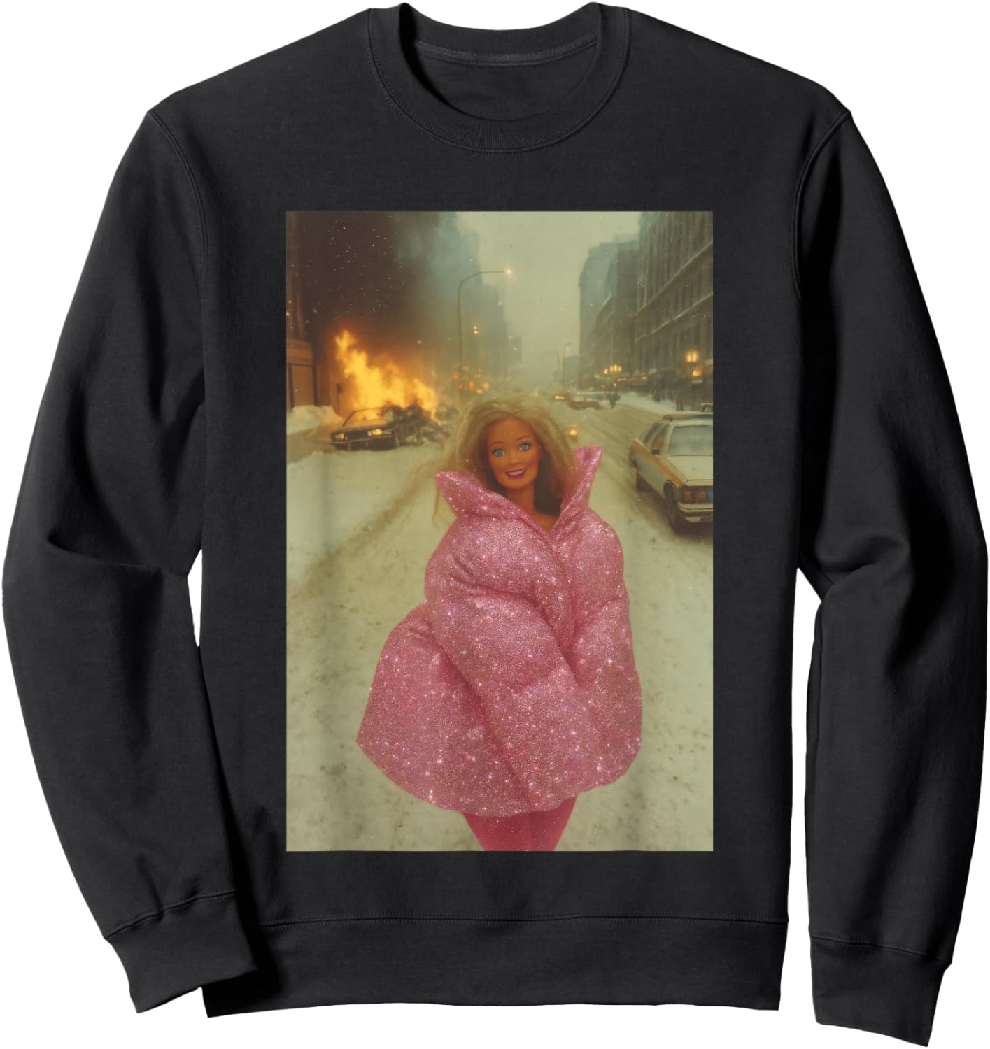 Funny Chaotic Disaster Doll Burning Background on fire Meme Sweatshirt - Sweatshirt | Black