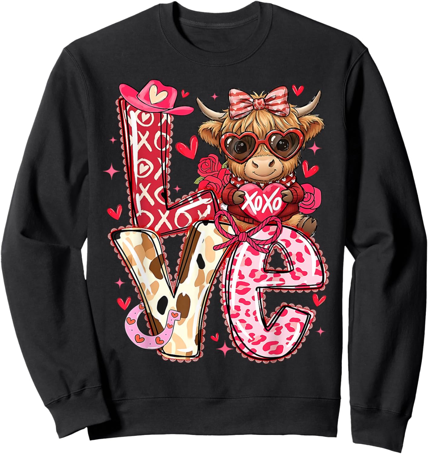 Love Western Highland Cows Valentine Cowgirl Hat Sweatshirt - Sweatshirt | Black