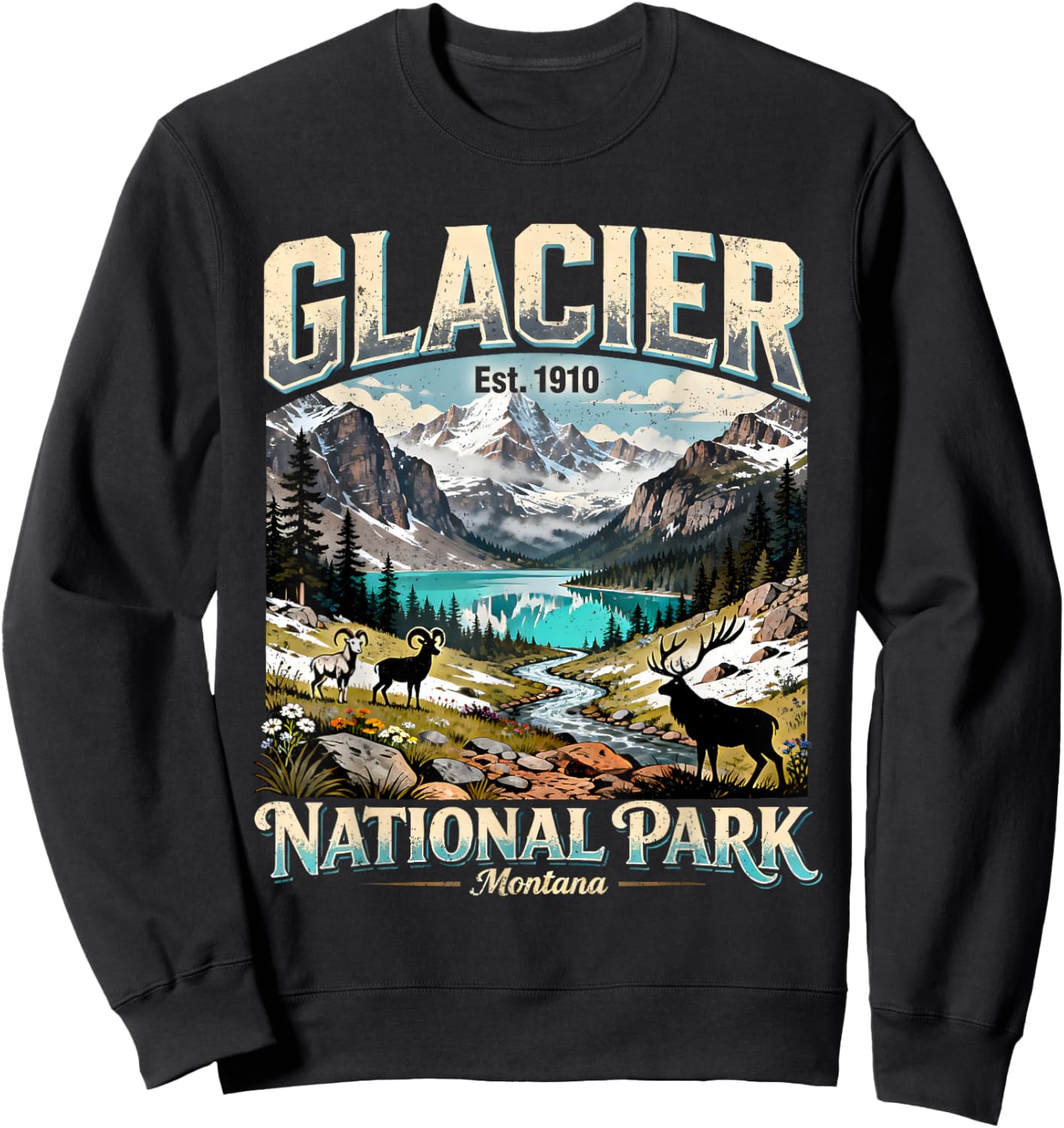 Glacier National Park Montana Vintage Nature Art Sweatshirt - Sweatshirt | Black