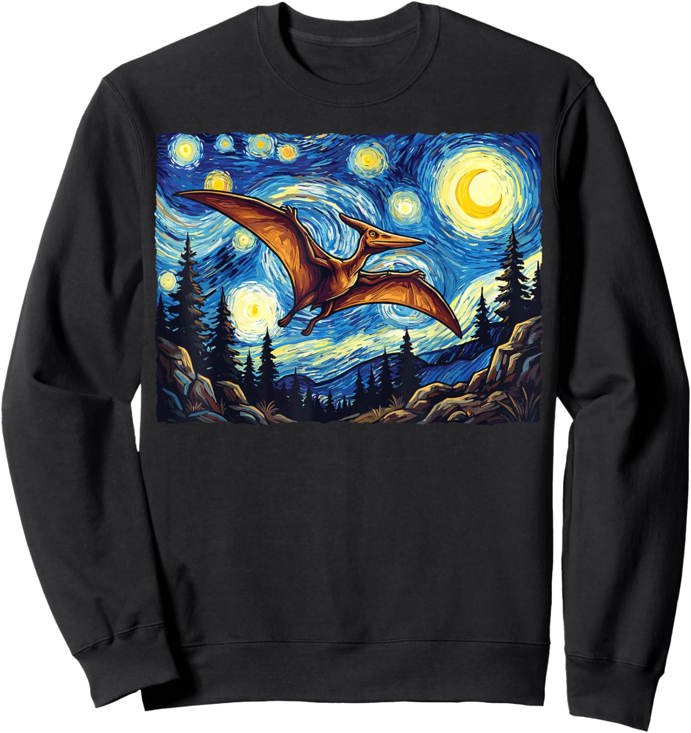 Pterodactyl Dinosaur Prehistoric Starry Night Van Gogh Dino Sweatshirt - Sweatshirt | Black
