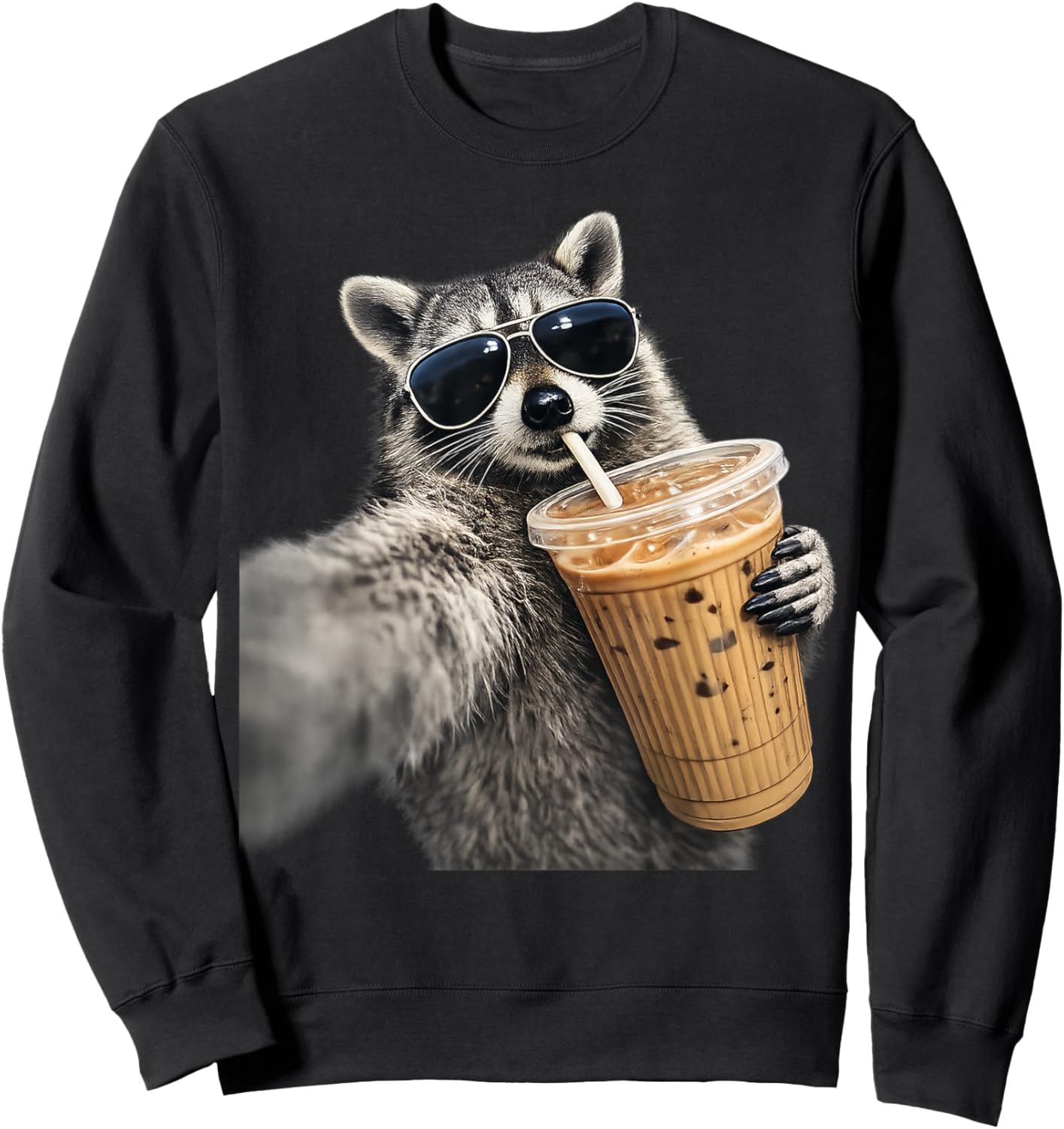 Funny Raccoon Drinking iced Coffee Sweatshirt - Sweatshirt | Black