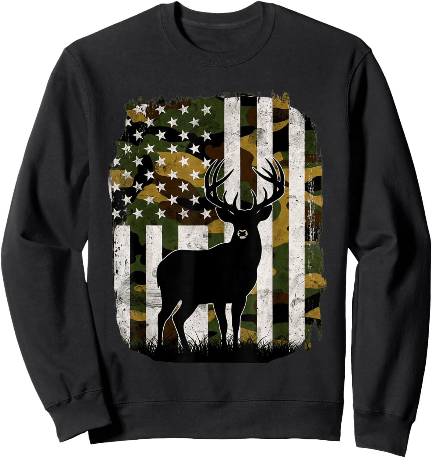 Camo US Flag Deer Elk Buck Camoflage Hunting Hunter Dad Sweatshirt - Sweatshirt | Black