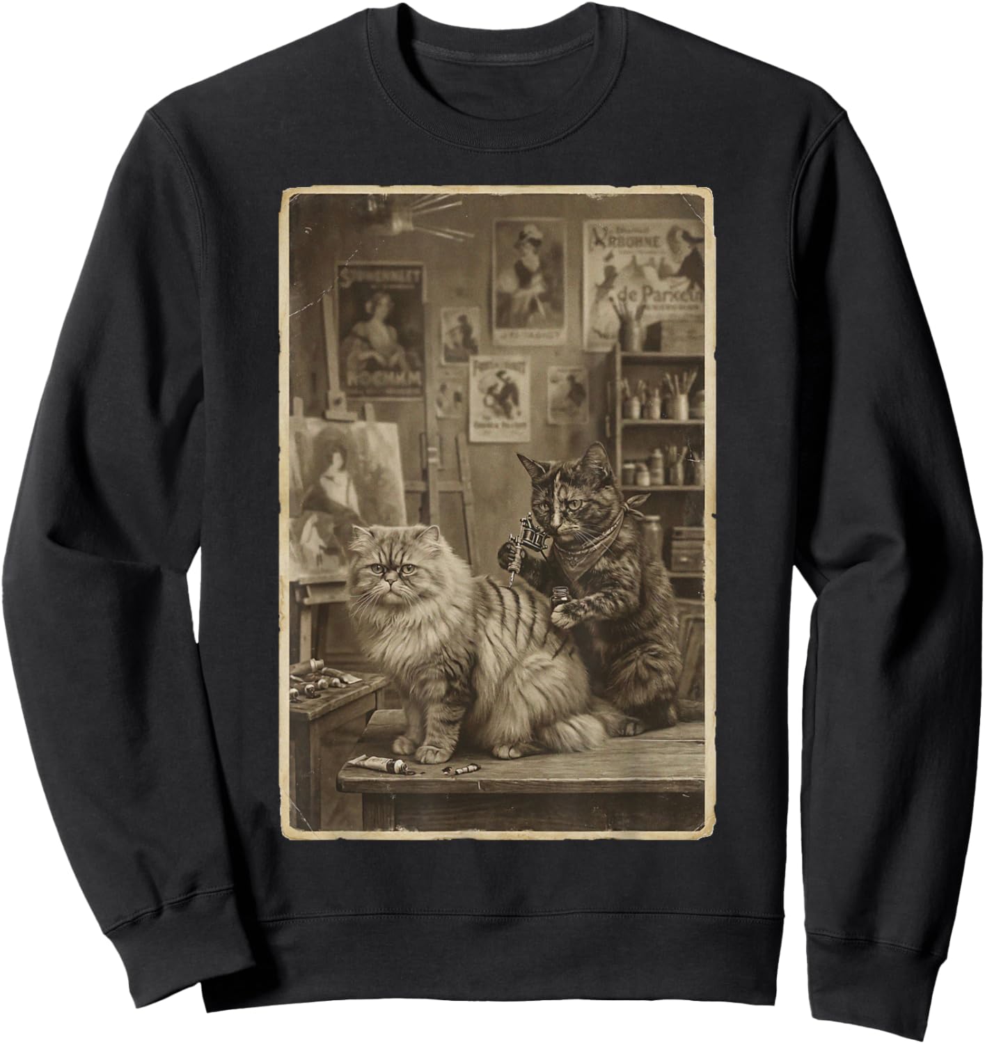 Vintage Sepia Cat Tattoo Artist – Funny Victorian Style Sweatshirt - Sweatshirt | Black