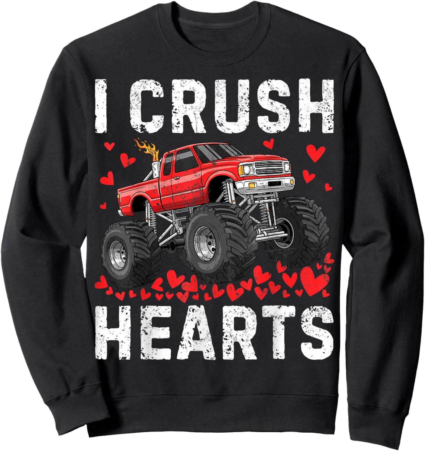 I Crush Hearts Monster Truck Boy Kids Toddler Valentines Day Sweatshirt - Sweatshirt | Black