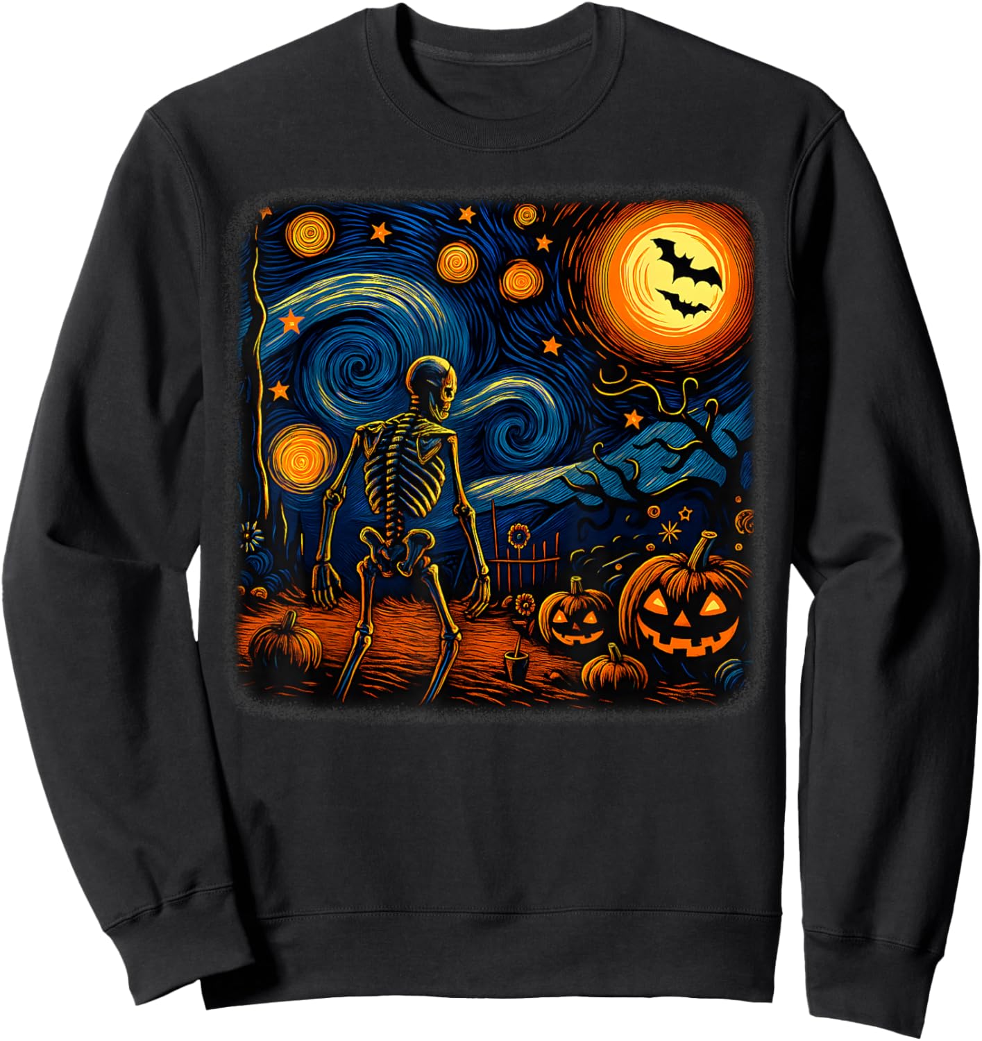 Halloween Skeleton Starry Night Van Gogh Pumpkin Men Women Sweatshirt - Sweatshirt | Black