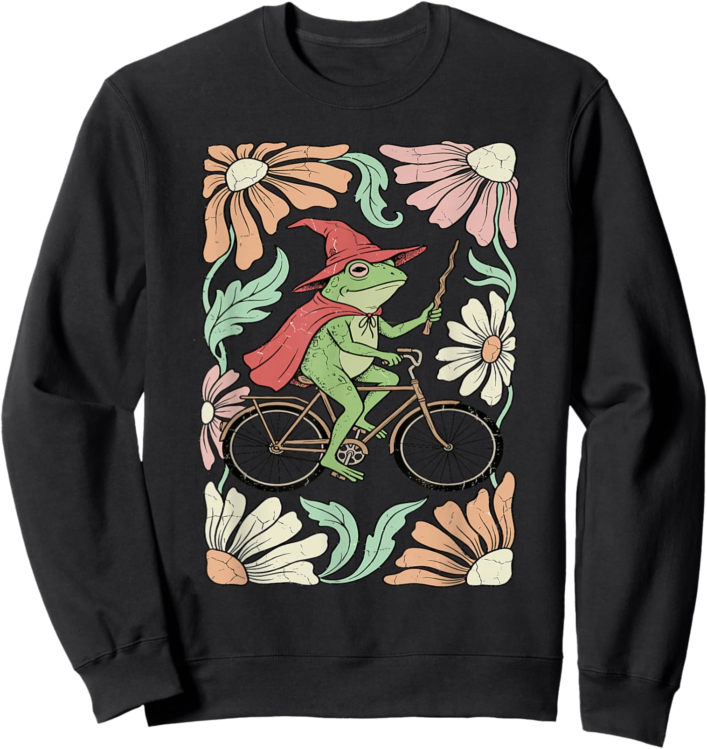 Whimsical Frog Wizard on Bicycle Vintage Floral Art Sweatshirt - Sweatshirt | Black