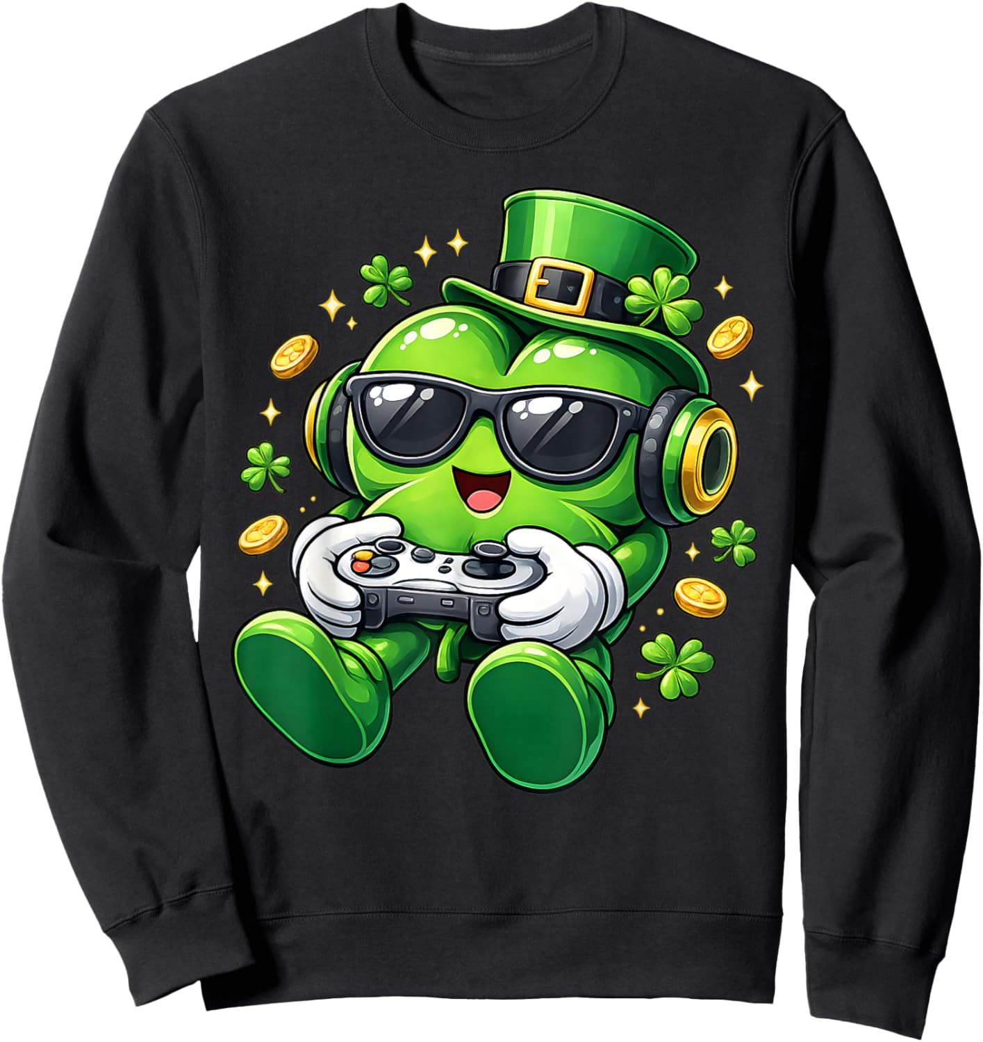 Video Game Shamrock St Patricks Day Gamer Boys Kids Gaming Sweatshirt - Sweatshirt | Black