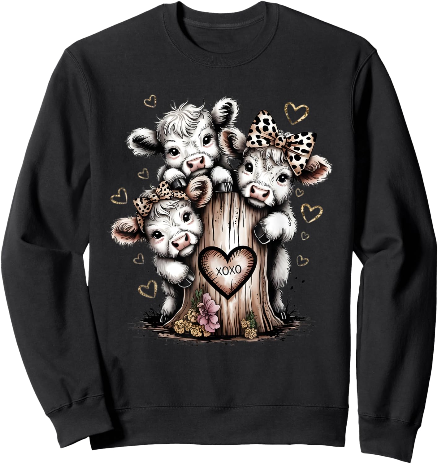 Cute Highland Cow Valentine Leopard Animal Print Sweatshirt - Sweatshirt | Black