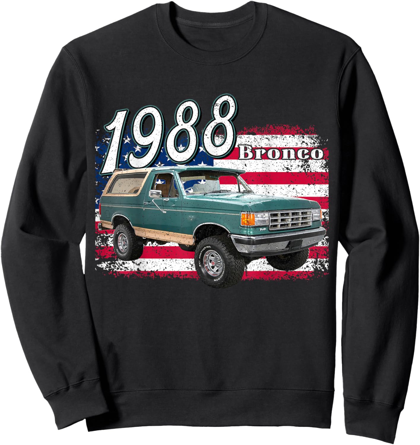 1988 88 Bronco Blue Classic Vintage Old Car USA Flag Sweatshirt - Sweatshirt | Black