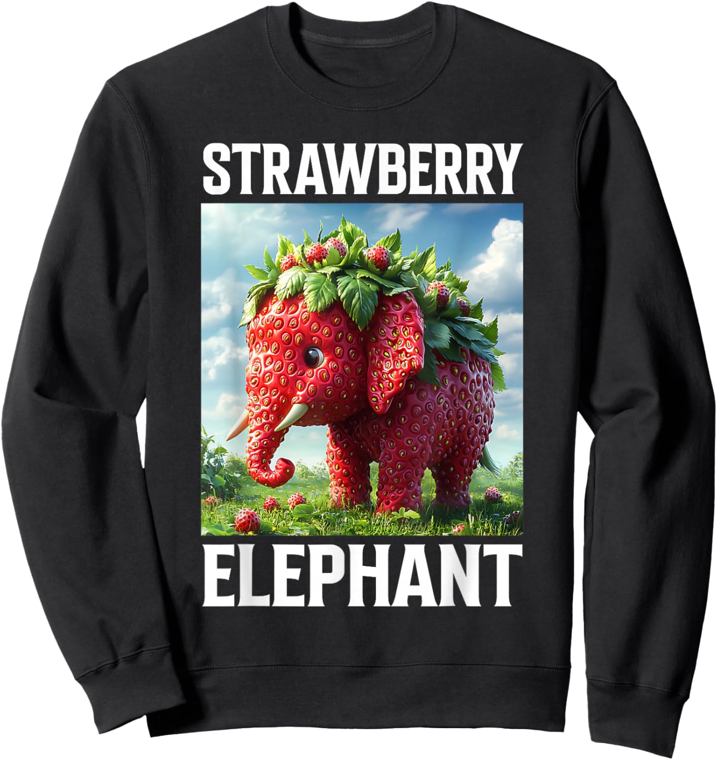 Strawberry Elephant Cute Whimsical Animal Art Sweatshirt - Sweatshirt | Black