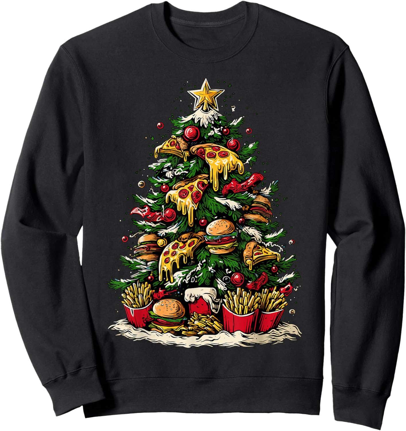 Funny Christmas Tree Fast Food Pizza Burgers Fries Humor Sweatshirt - Sweatshirt | Black