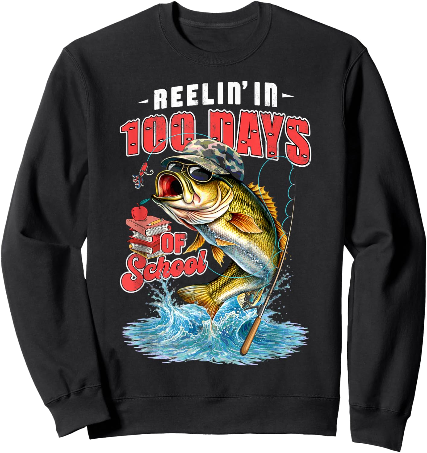 Reelin’ in 100 Days of School Camo Bass Fishing Teacher Boys Sweatshirt - Sweatshirt | Black